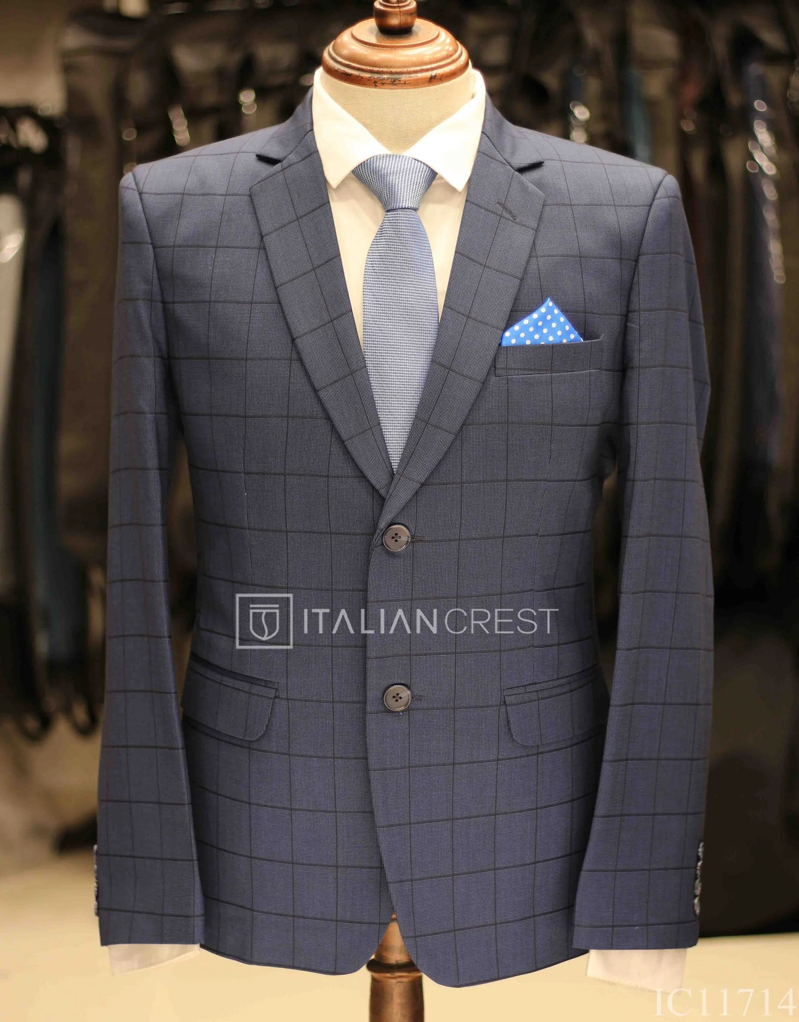 Blue Checked Single Breasted Suit - Image 2