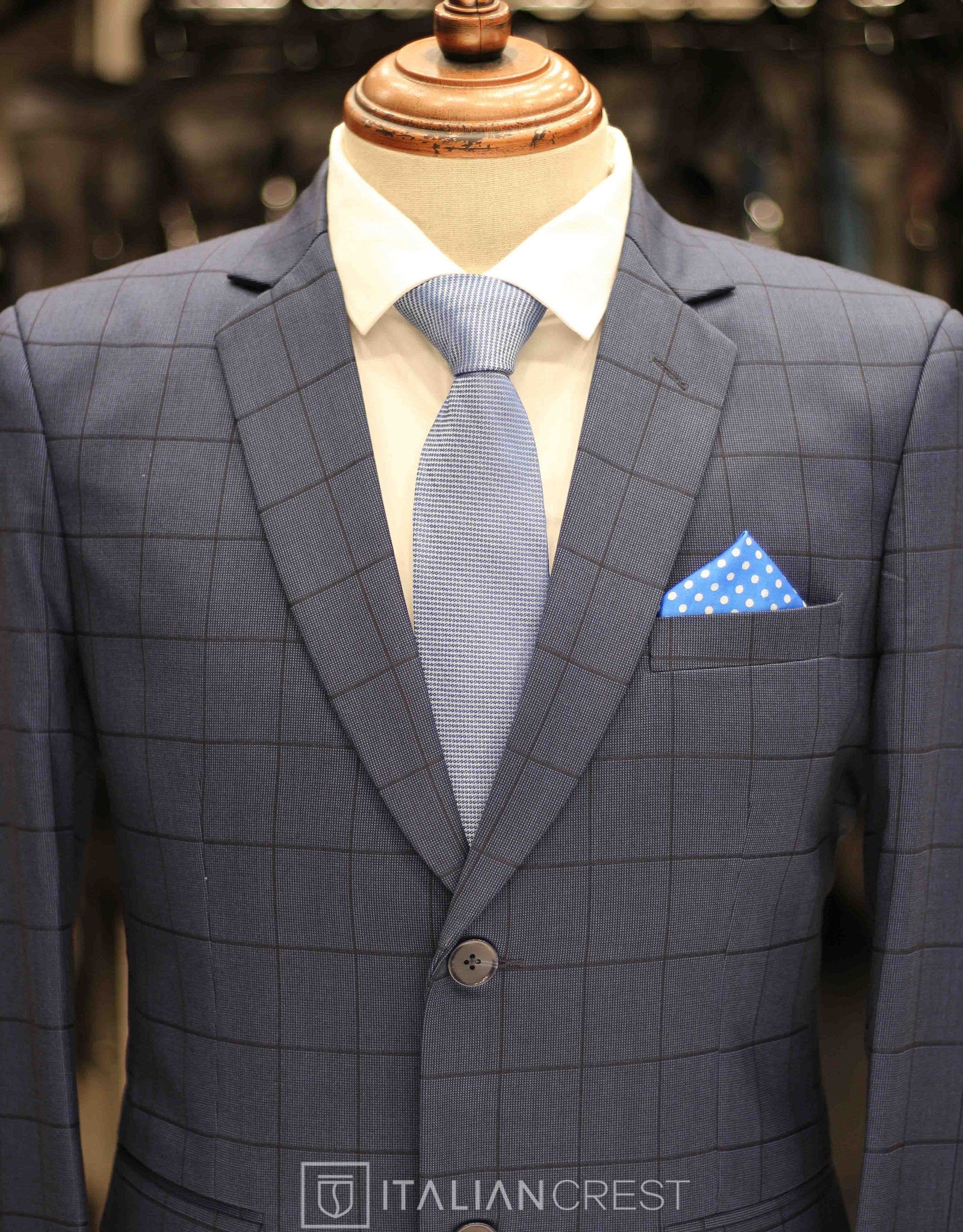 Blue Checked Single Breasted Suit - Image 3