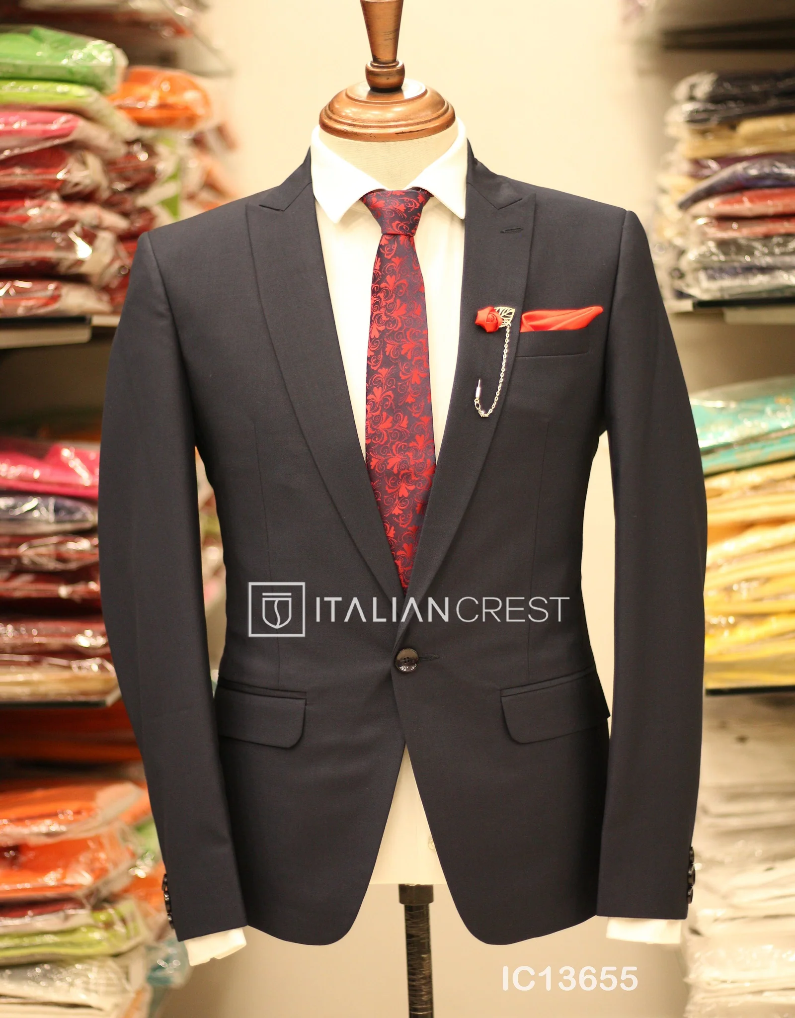 Navy Blue Wool Feel Peak Lapel Suit - Image 2