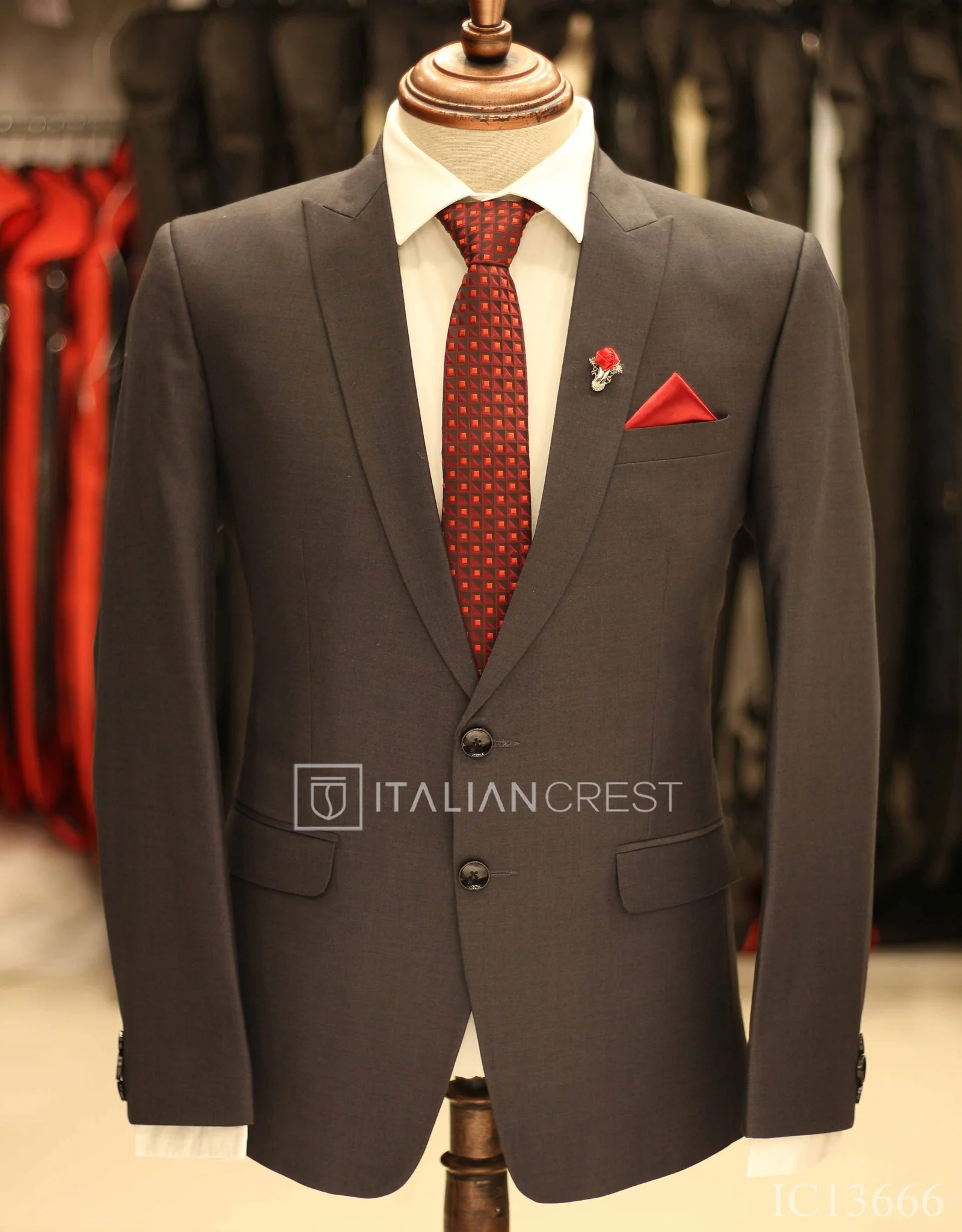 Dark Grey Wool Feel Peak Lapel Suit - Image 2