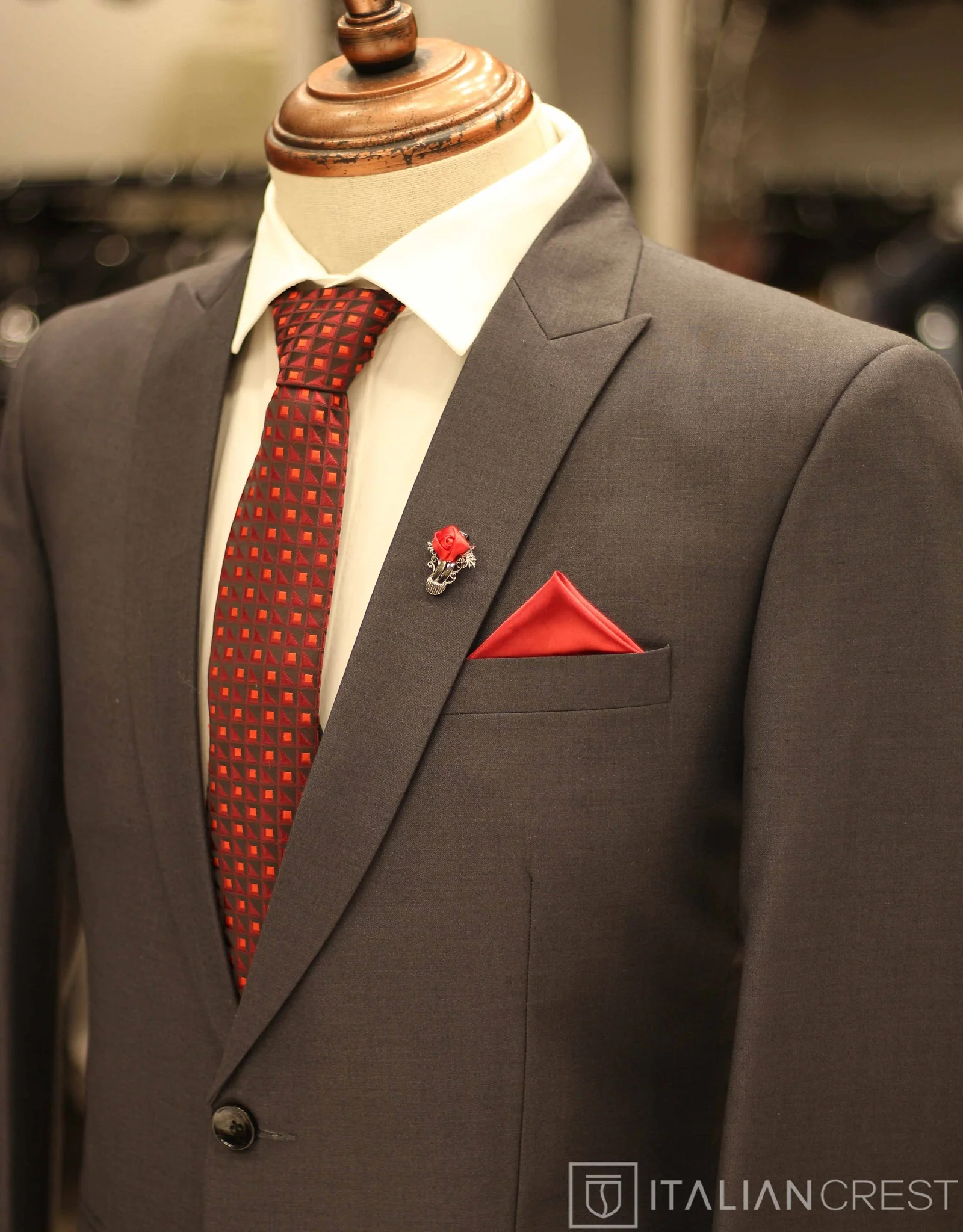 Dark Grey Wool Feel Peak Lapel Suit
