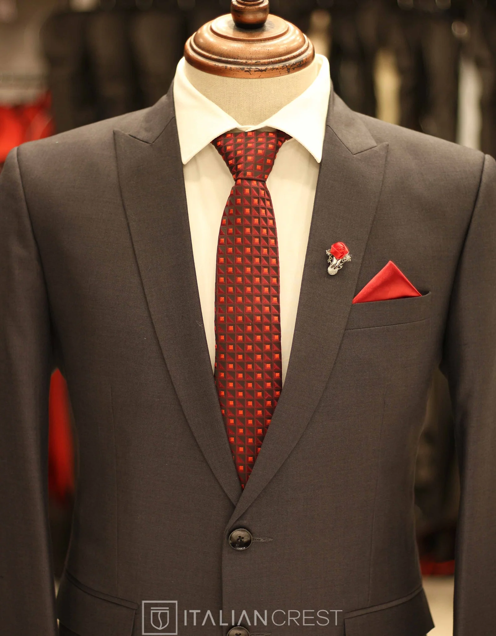 Dark Grey Wool Feel Peak Lapel Suit - Image 3