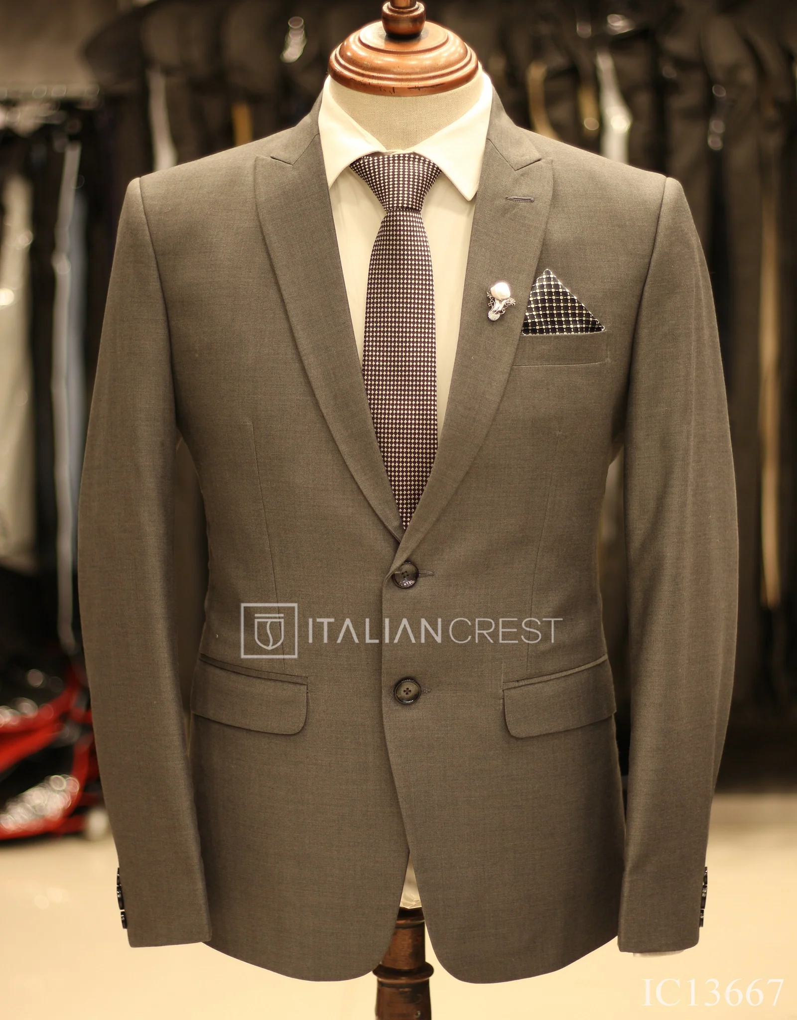 Grey Wool Feel Peak Lapel Suit - Image 3