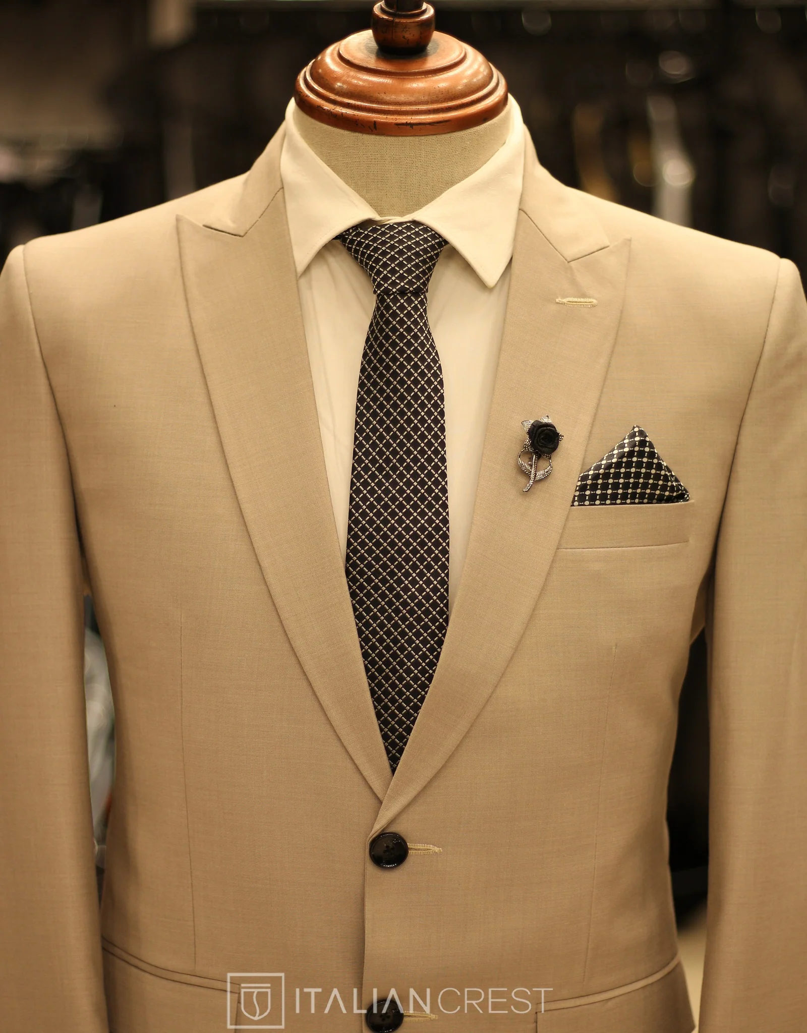Beige Wool Feel Peak Lapel Suit - Image 3