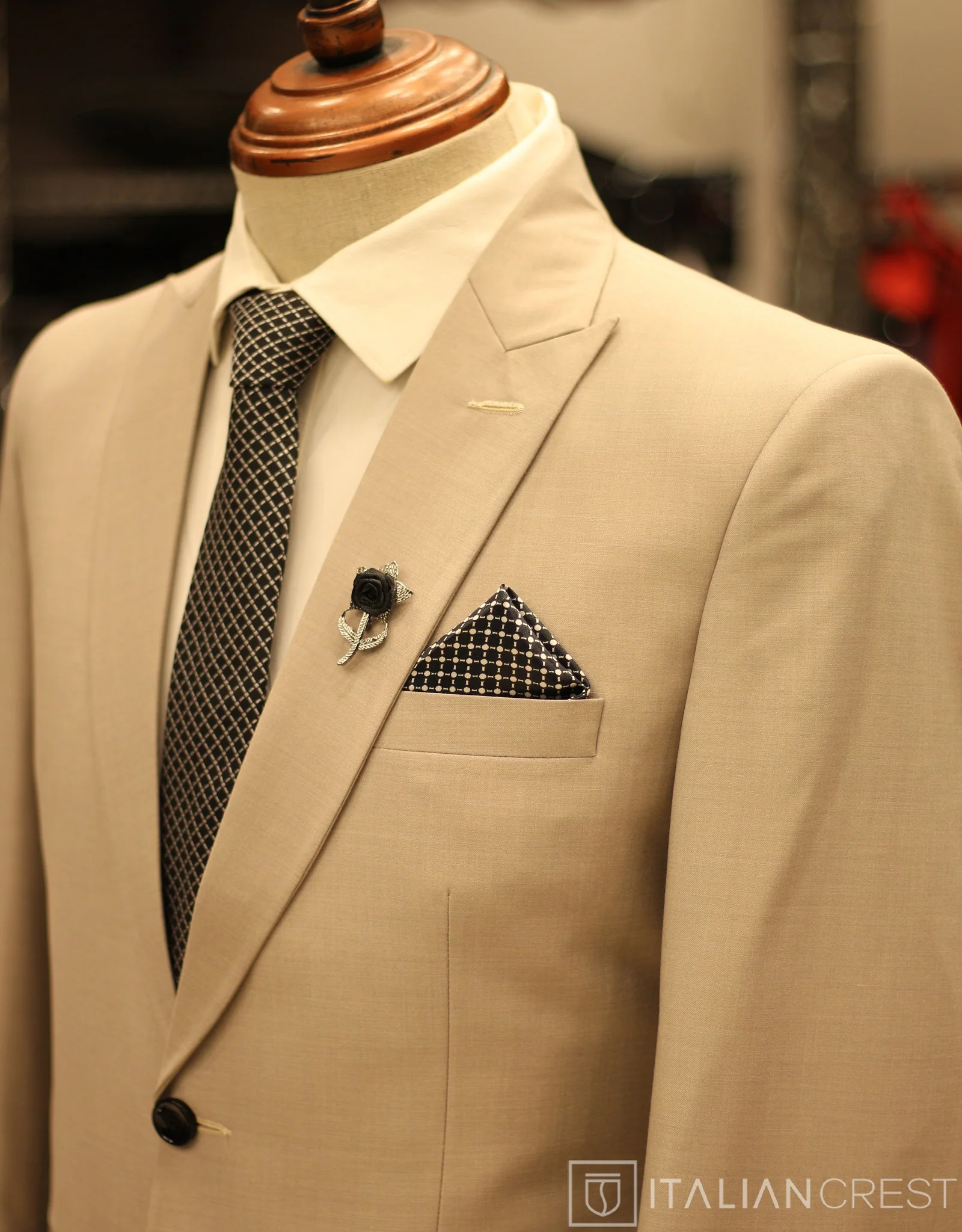 Beige Wool Feel Peak Lapel Suit