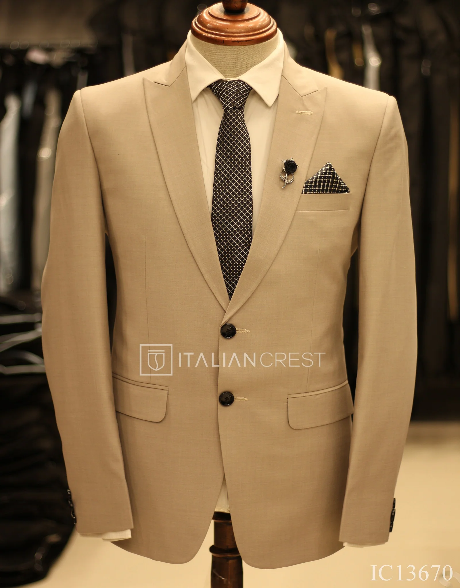 Beige Wool Feel Peak Lapel Suit - Image 2