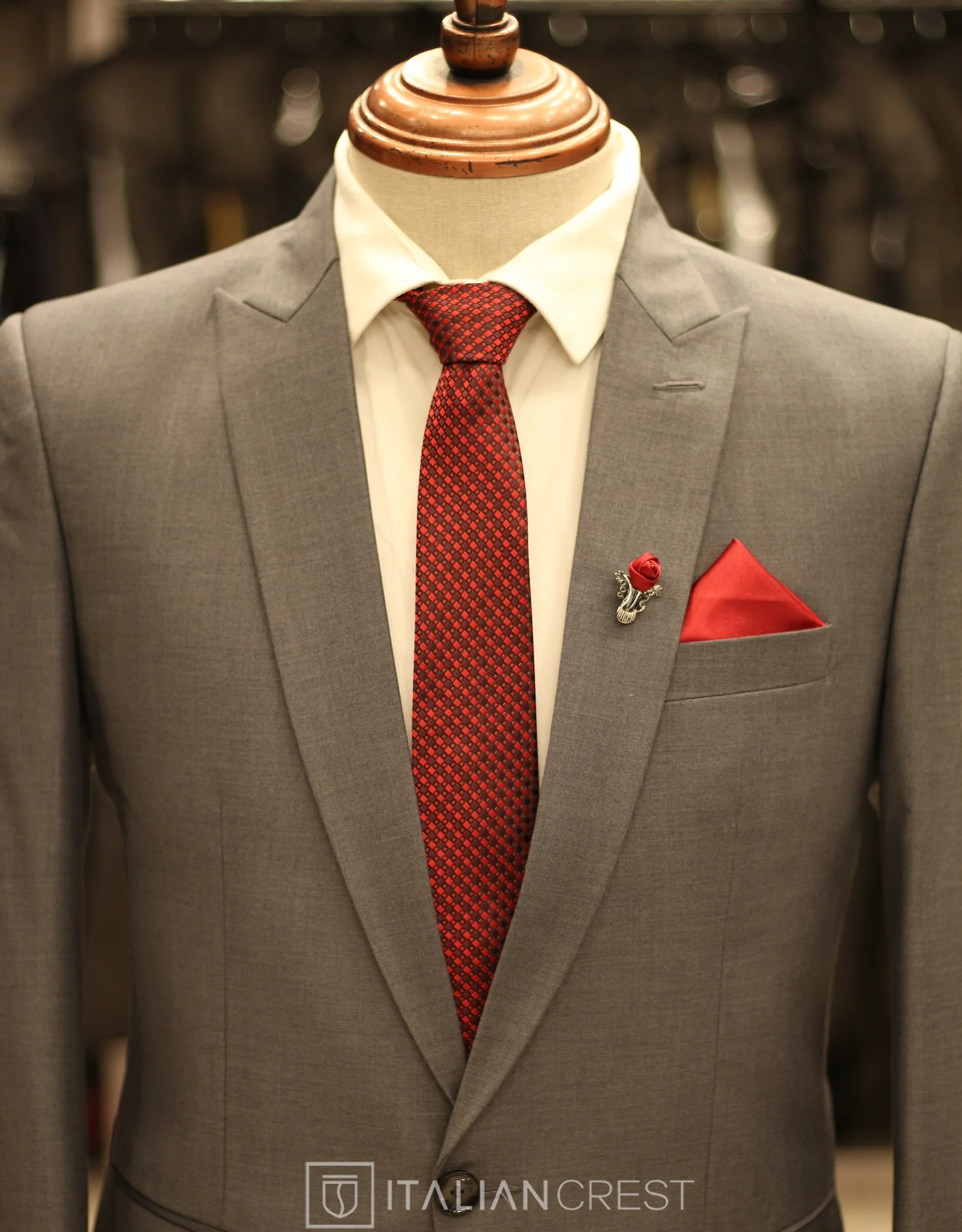 Grey Wool Feel Peak Lapel Suit - Image 3