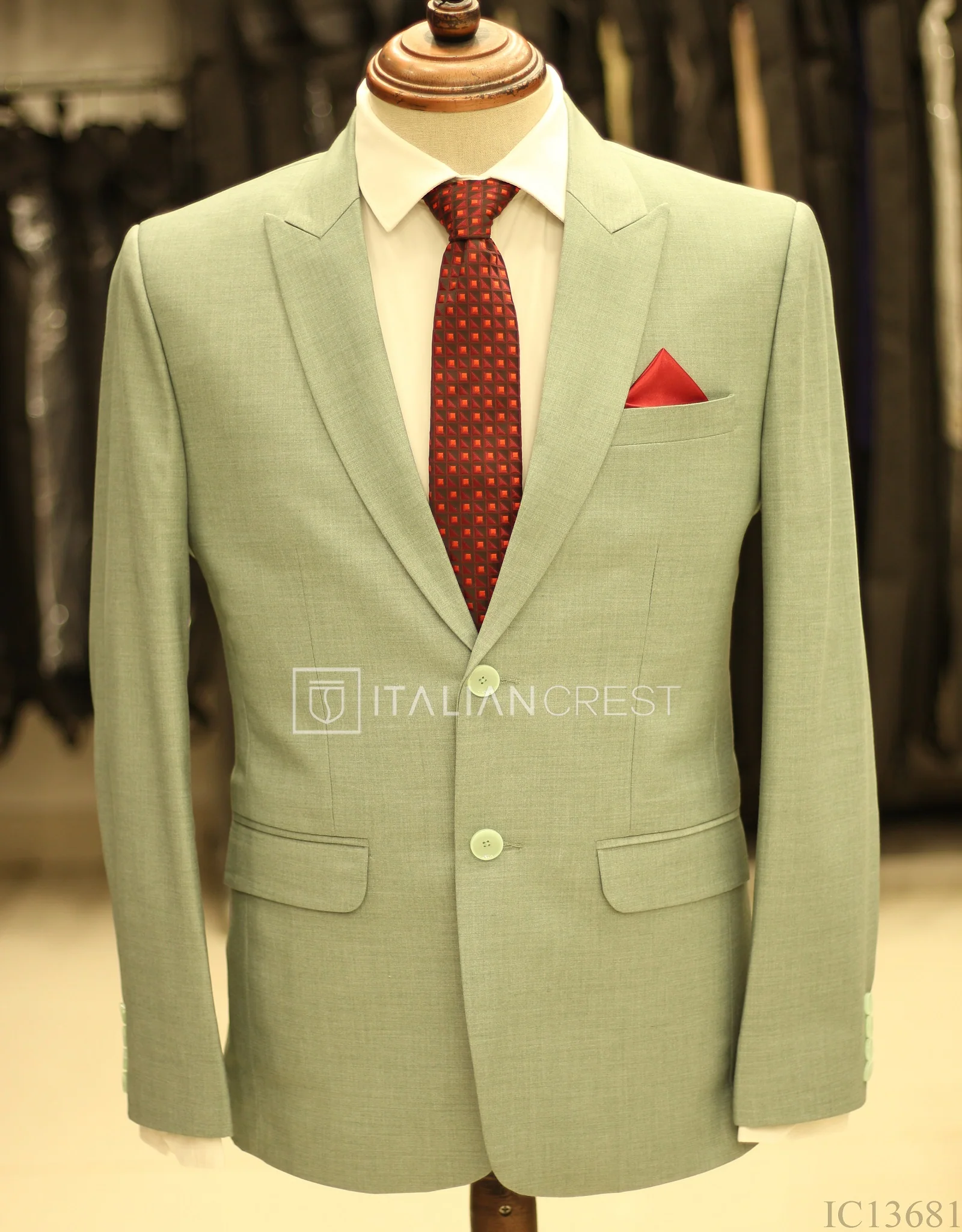 Light Green Wool Feel Peak Lapel Suit - Image 2