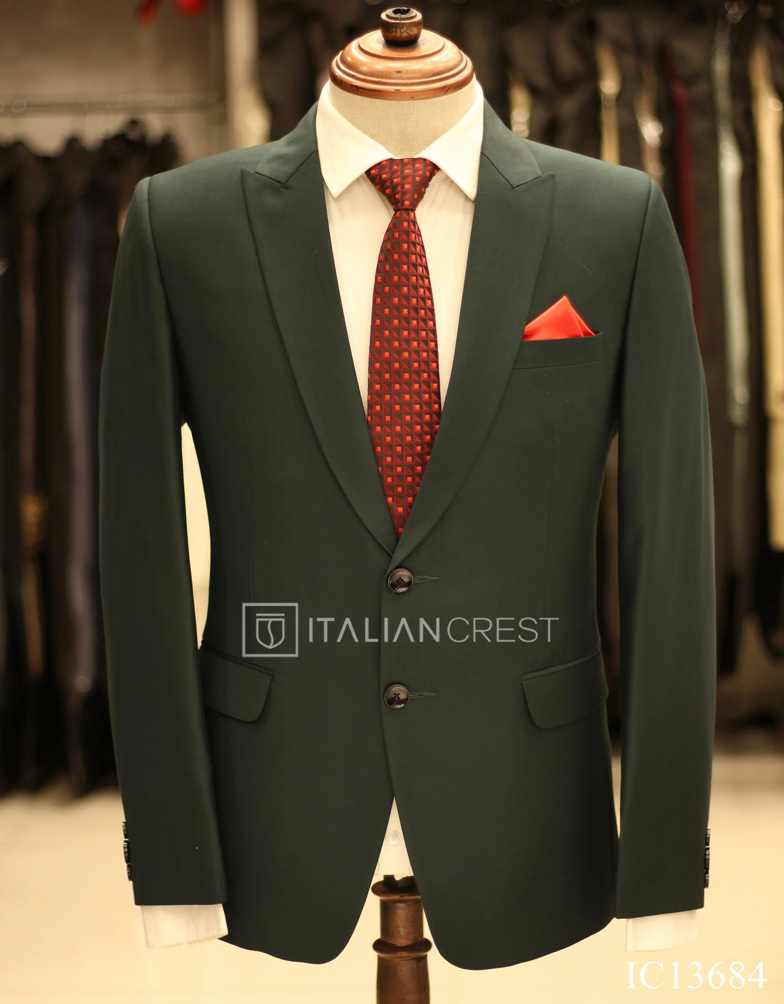 Dark Green Wool Feel Peak Lapel Suit - Image 2