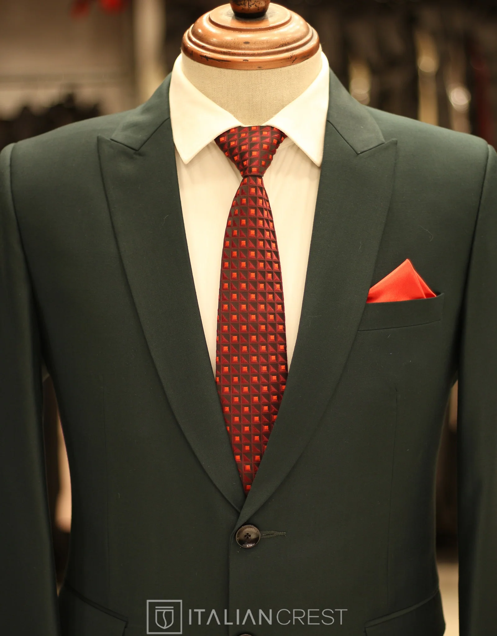 Dark Green Wool Feel Peak Lapel Suit - Image 3