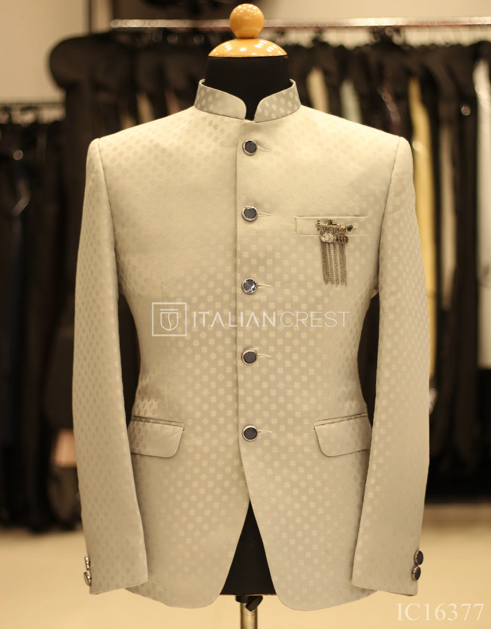 Light Grey Jacquard Jodhpuri Suit - Image 2