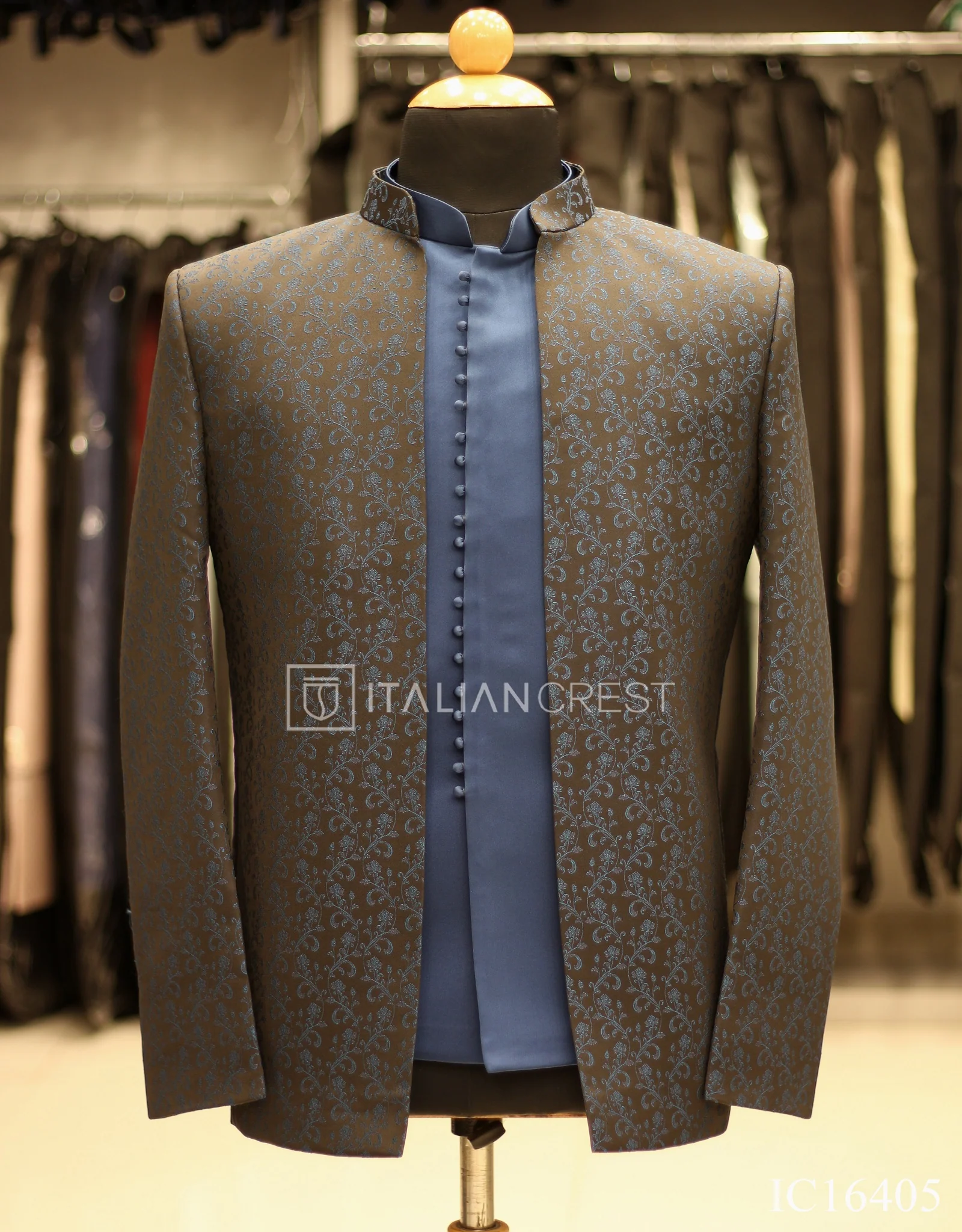 Dark Blue Jacquard Jodhpuri Suit - Image 3