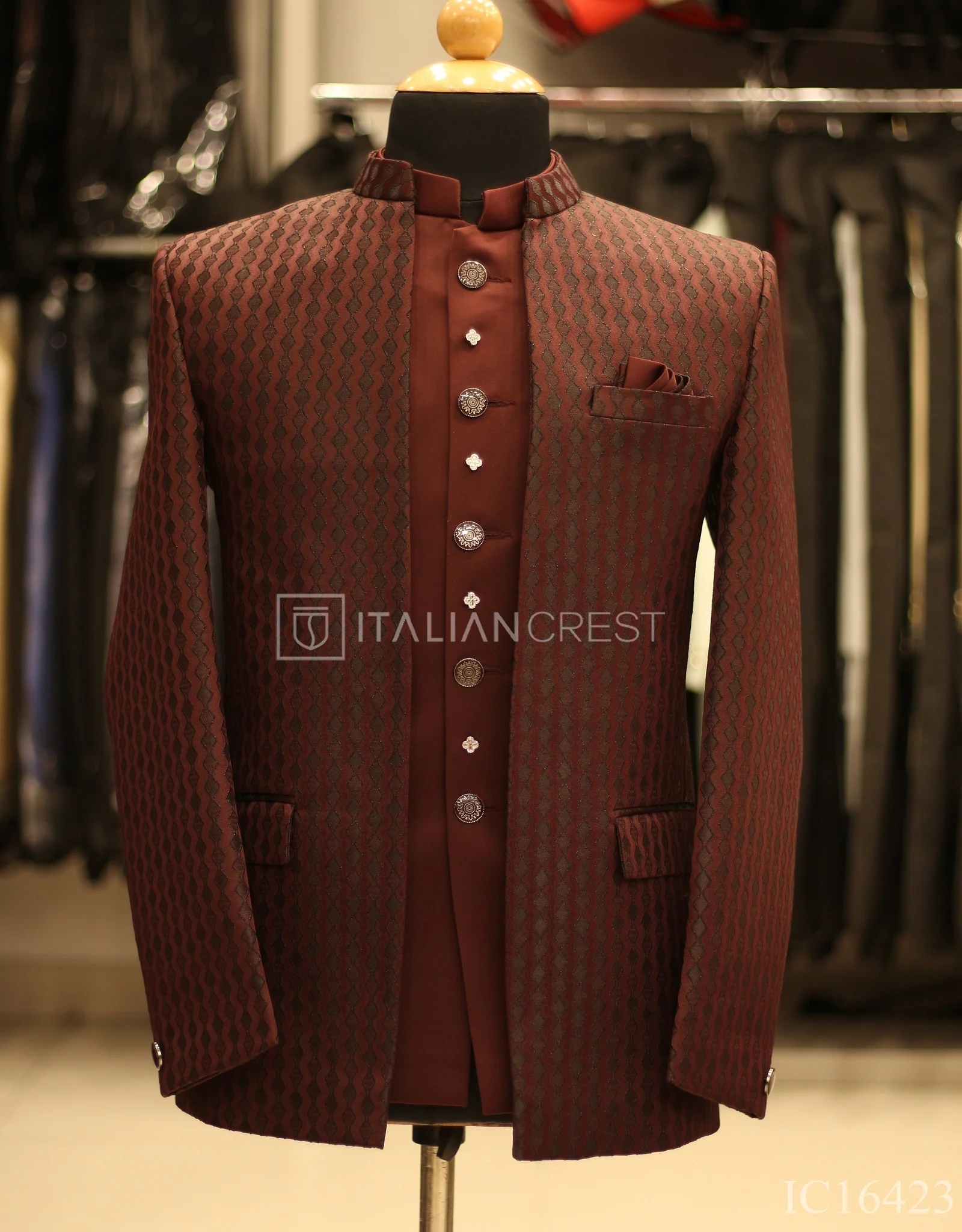 Maroon Jacquard Jodhpuri Suit - Image 3