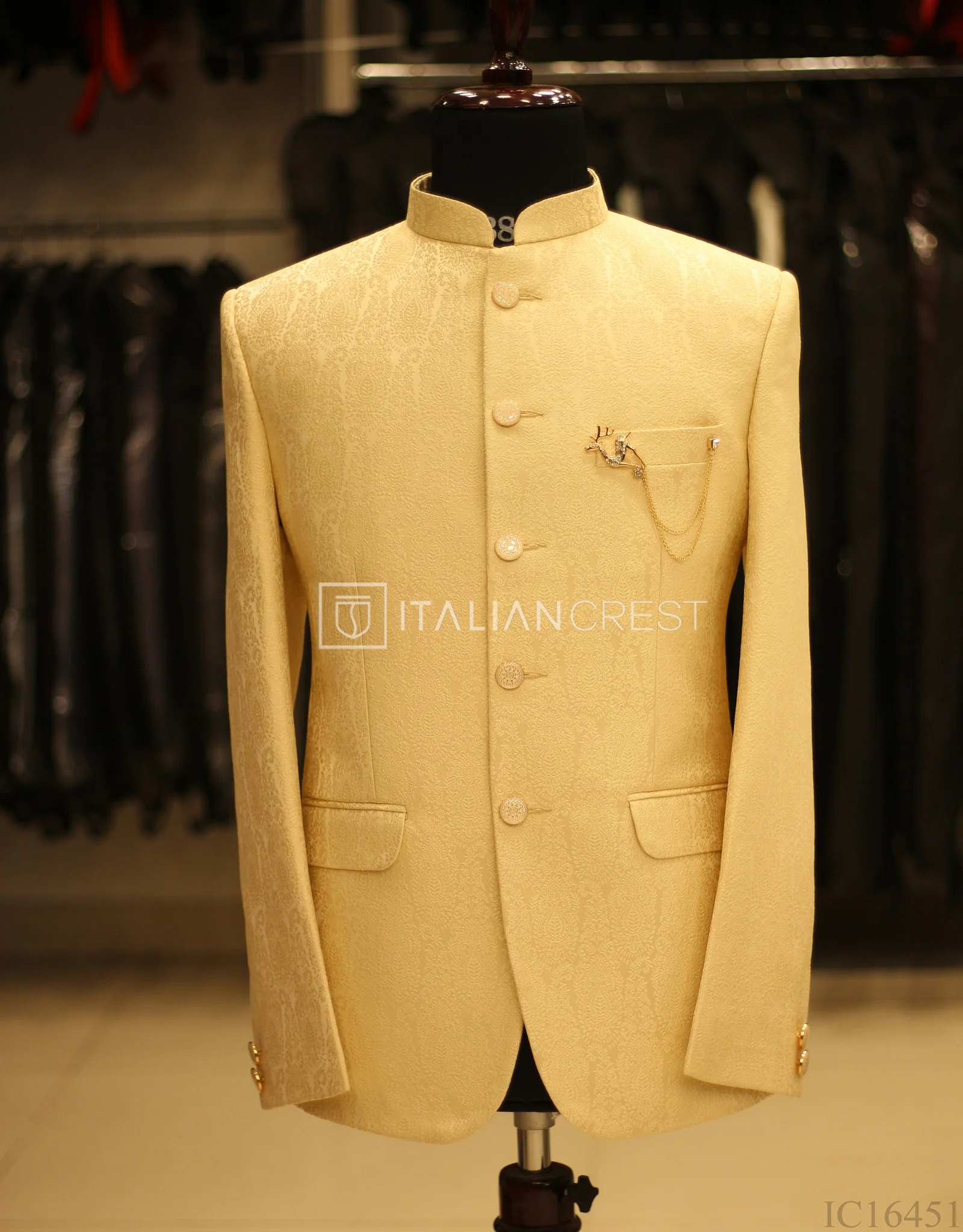 Beige Jacquard Jodhpuri Suit - Image 2