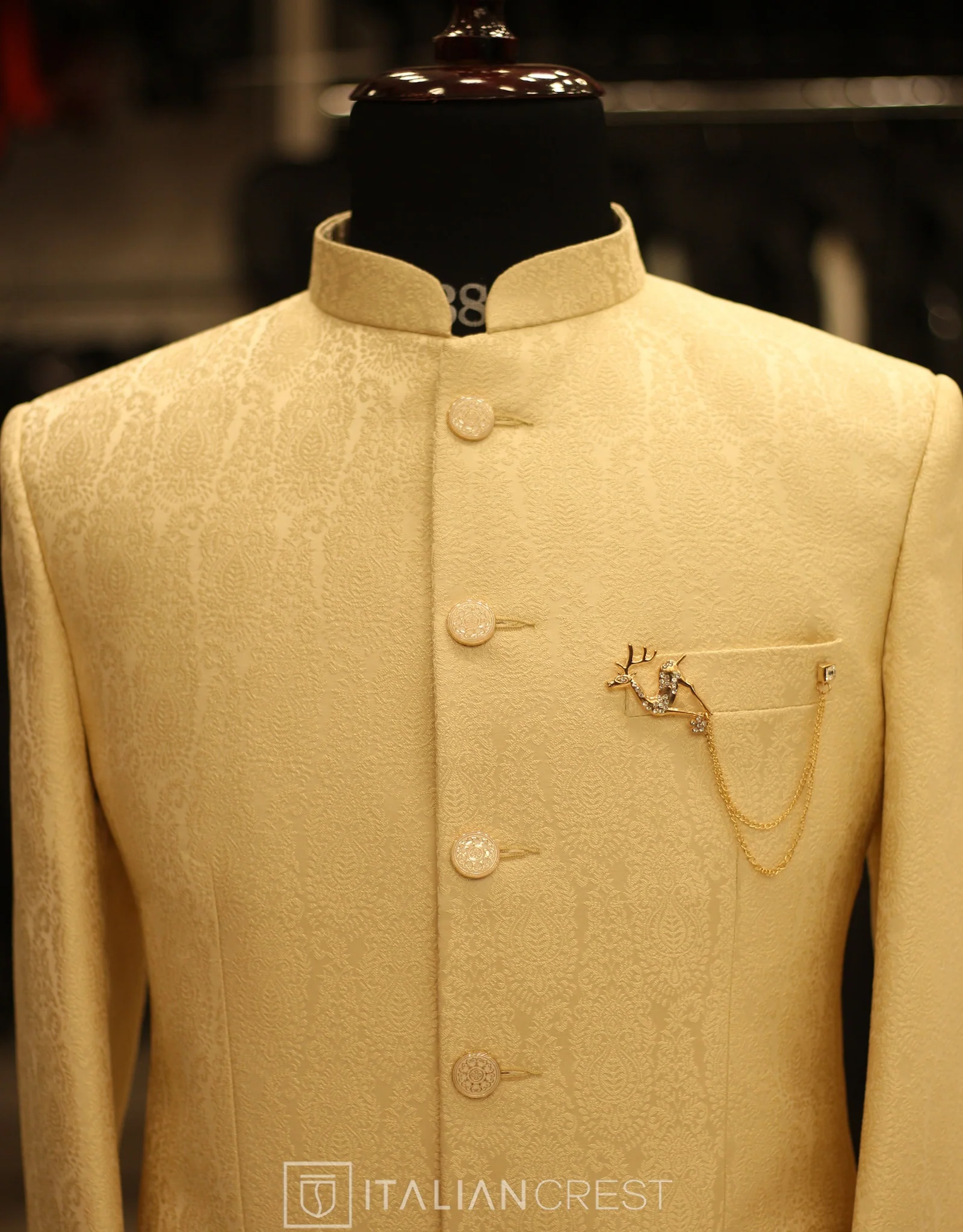 Beige Jacquard Jodhpuri Suit - Image 3
