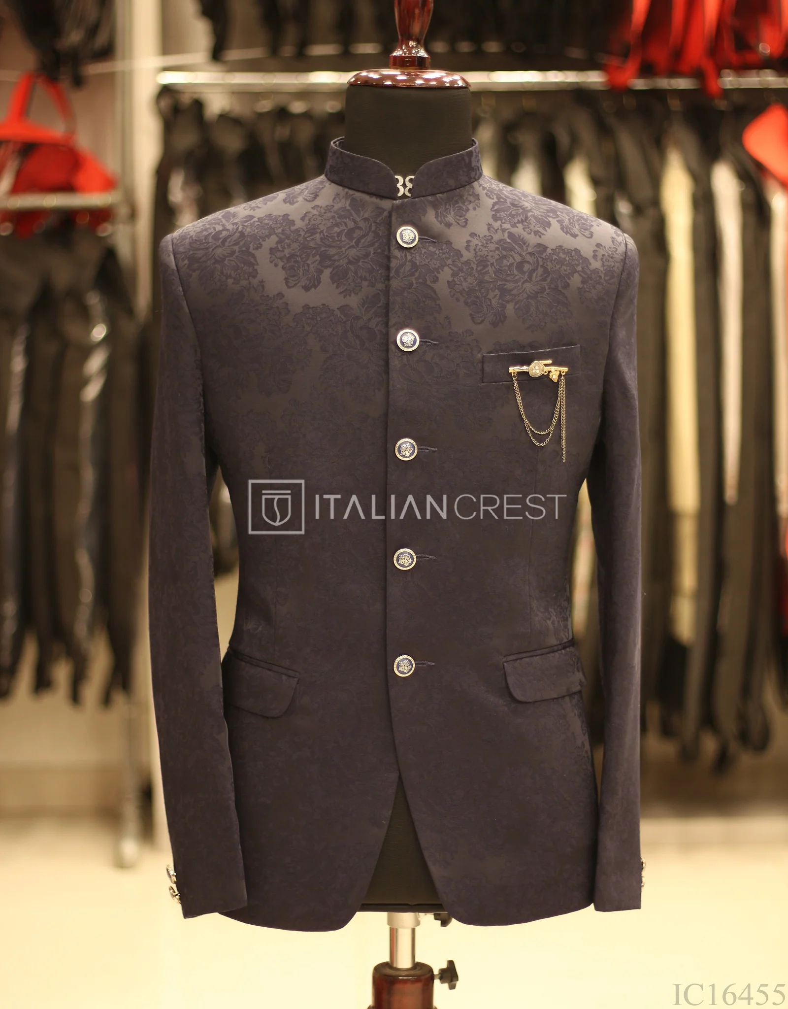 Navy Blue Jacquard Jodhpuri Suit - Image 2