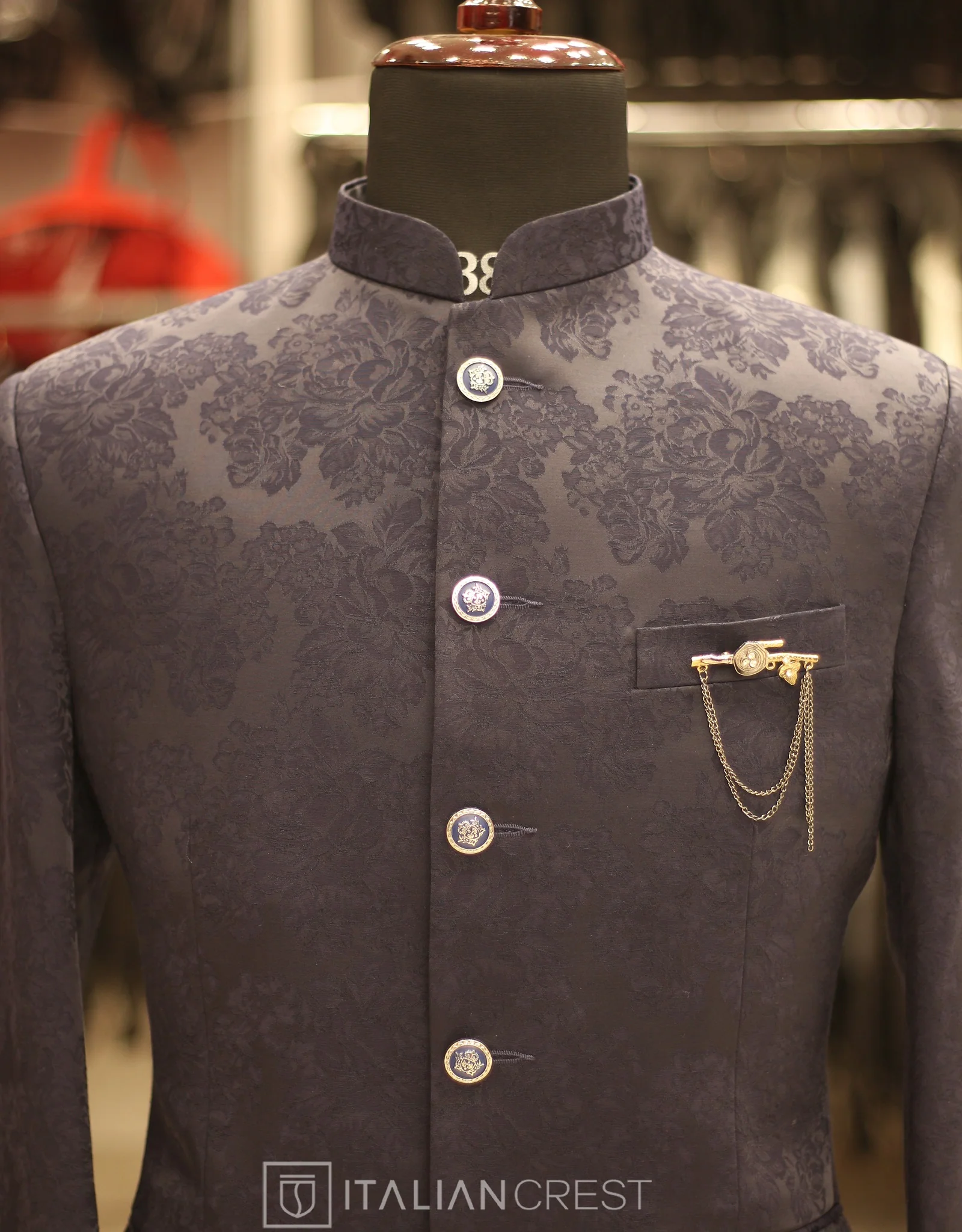 Navy Blue Jacquard Jodhpuri Suit - Image 3