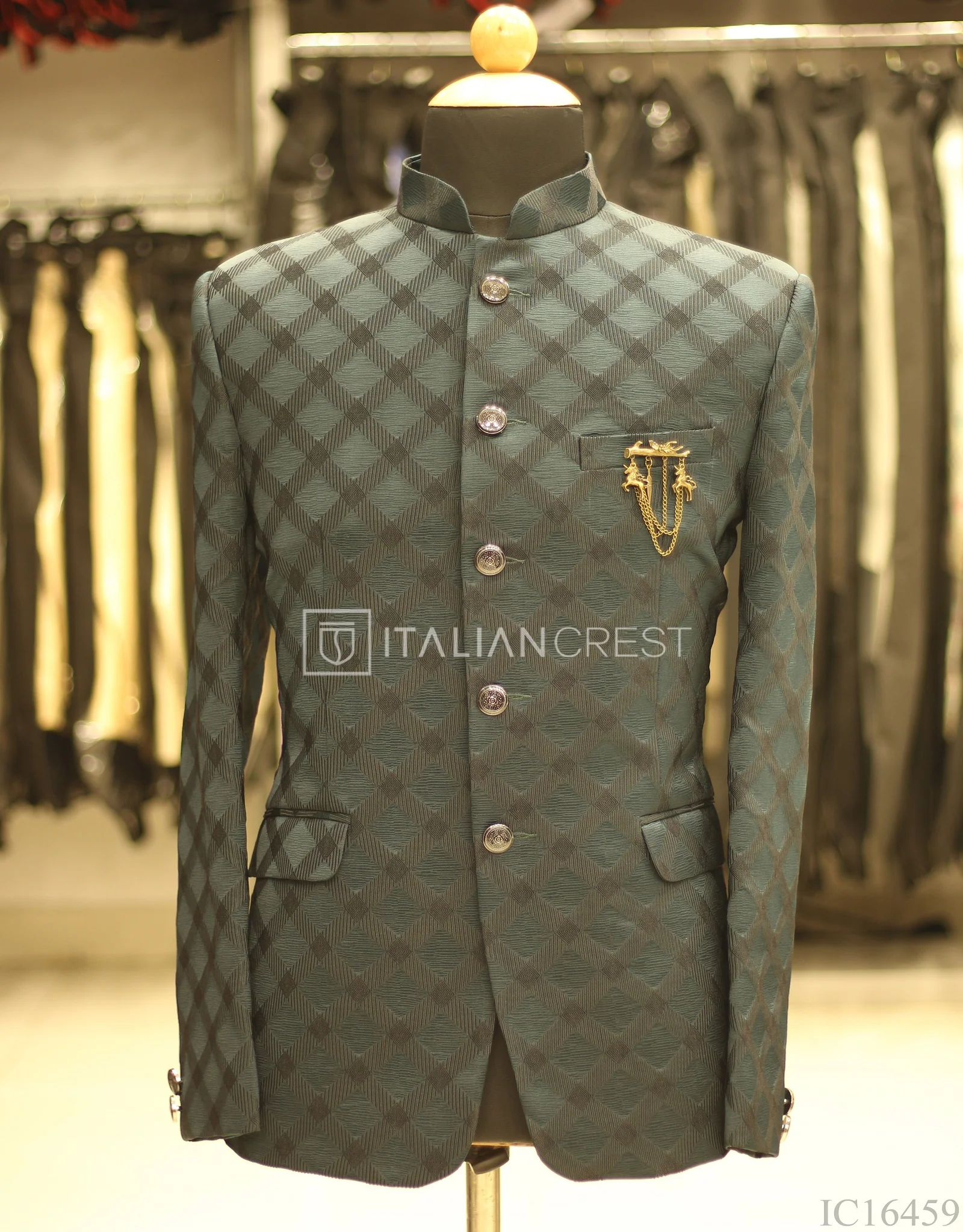 Dark Green Jacquard Jodhpuri Suit - Image 2