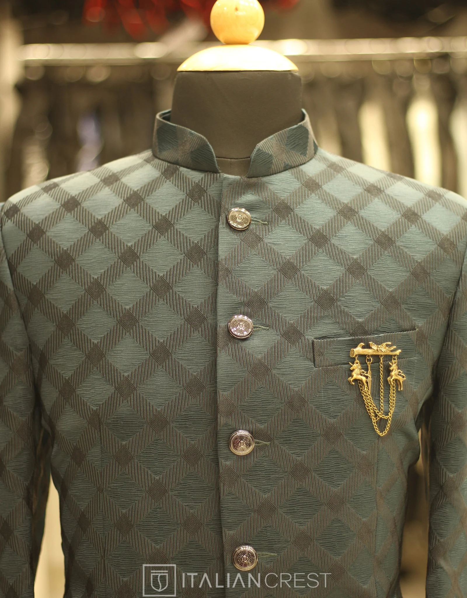 Dark Green Jacquard Jodhpuri Suit - Image 3