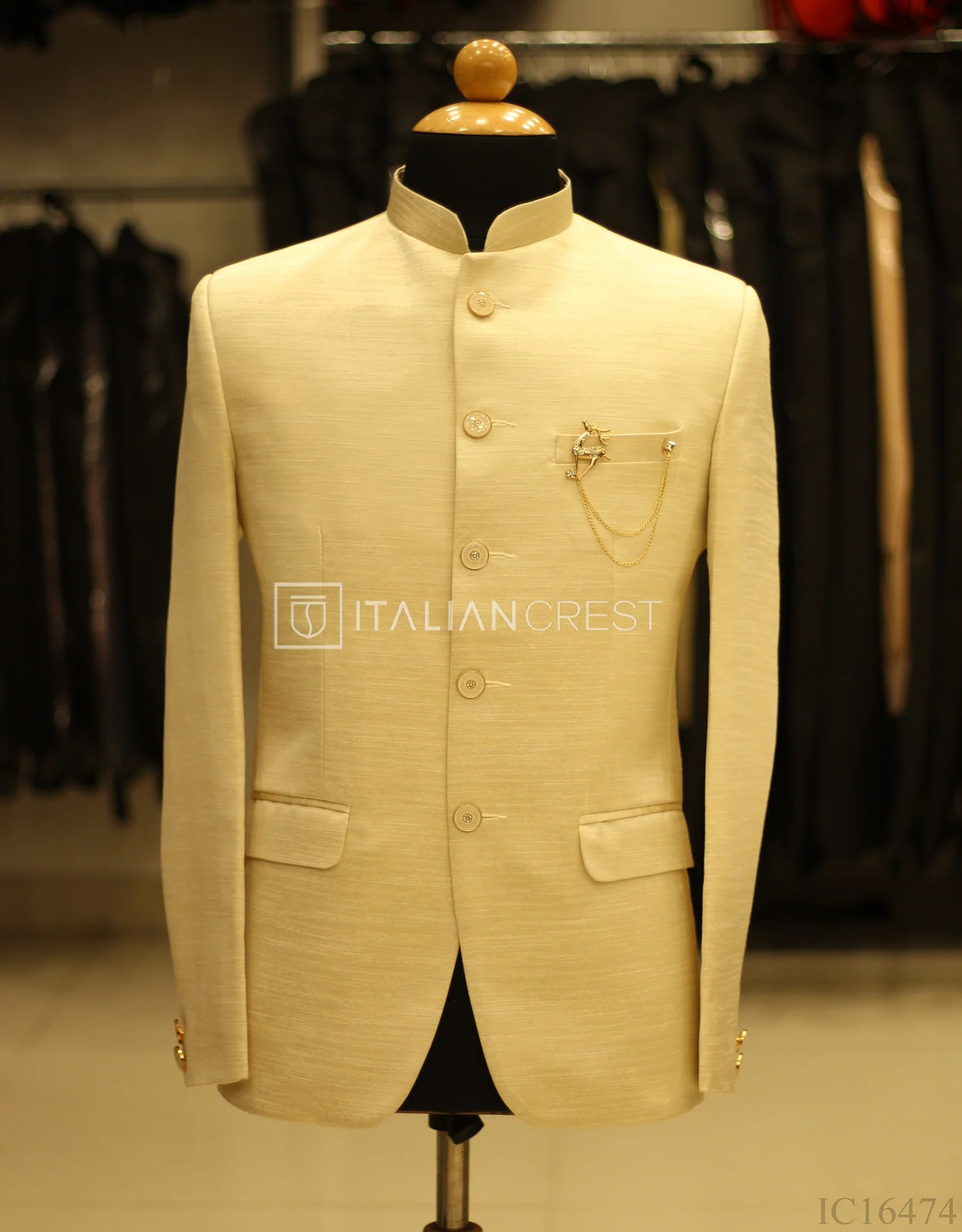 Beige Jacquard Jodhpuri Suit - Image 2