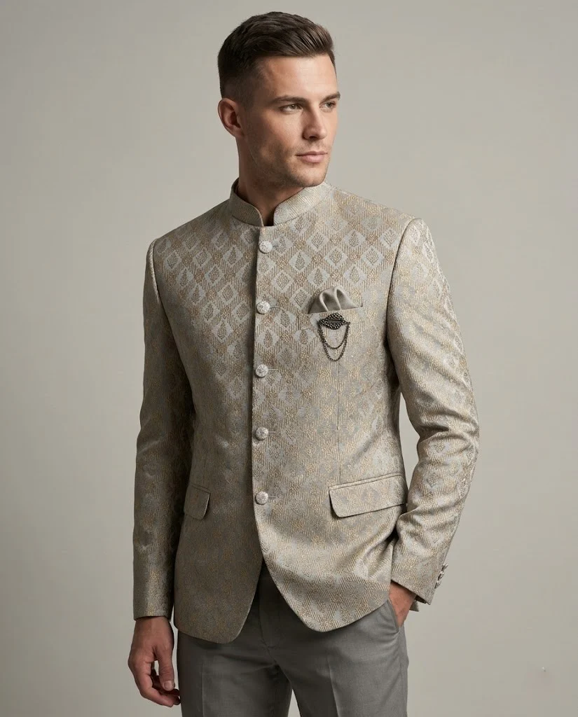Light Grey Jacquard Jodhpuri Suit - Image 2