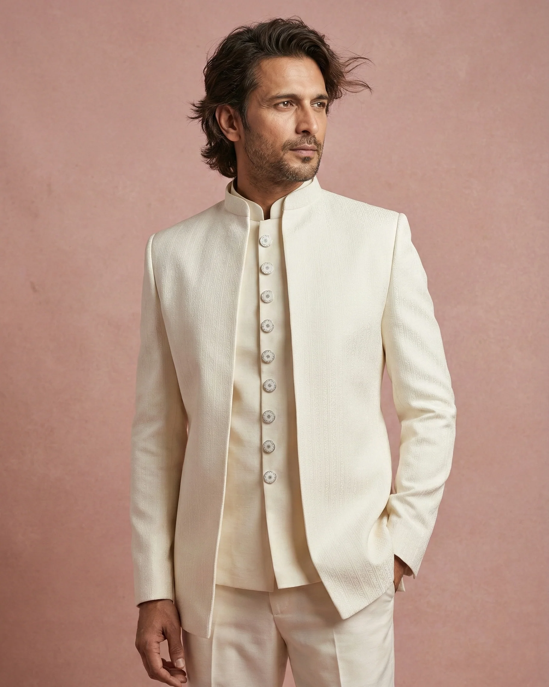 Cream Jacquard Jodhpuri Suit - Image 2