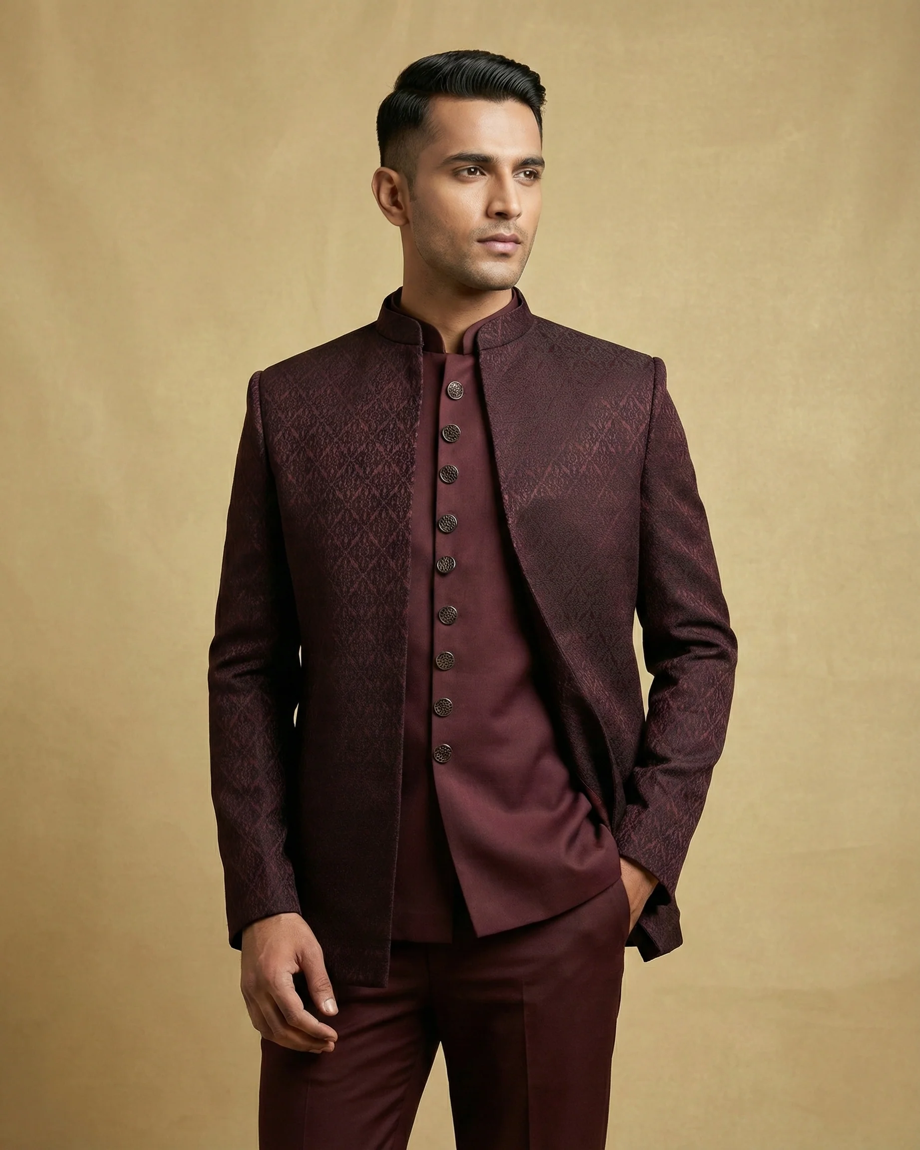 Maroon Jacquard Jodhpuri Suit - Image 2