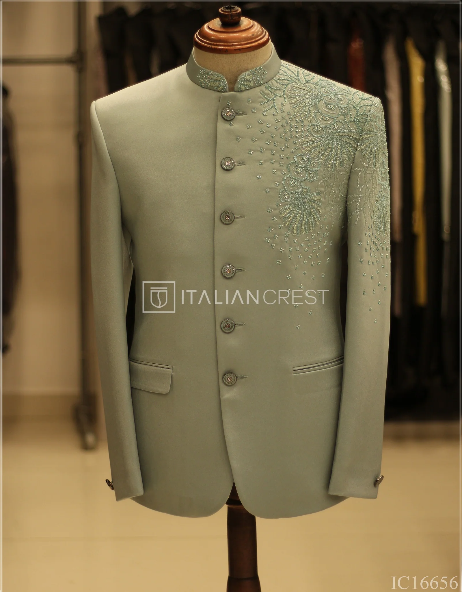 Light Green Embroidery Work Jodhpuri Suit - Image 3