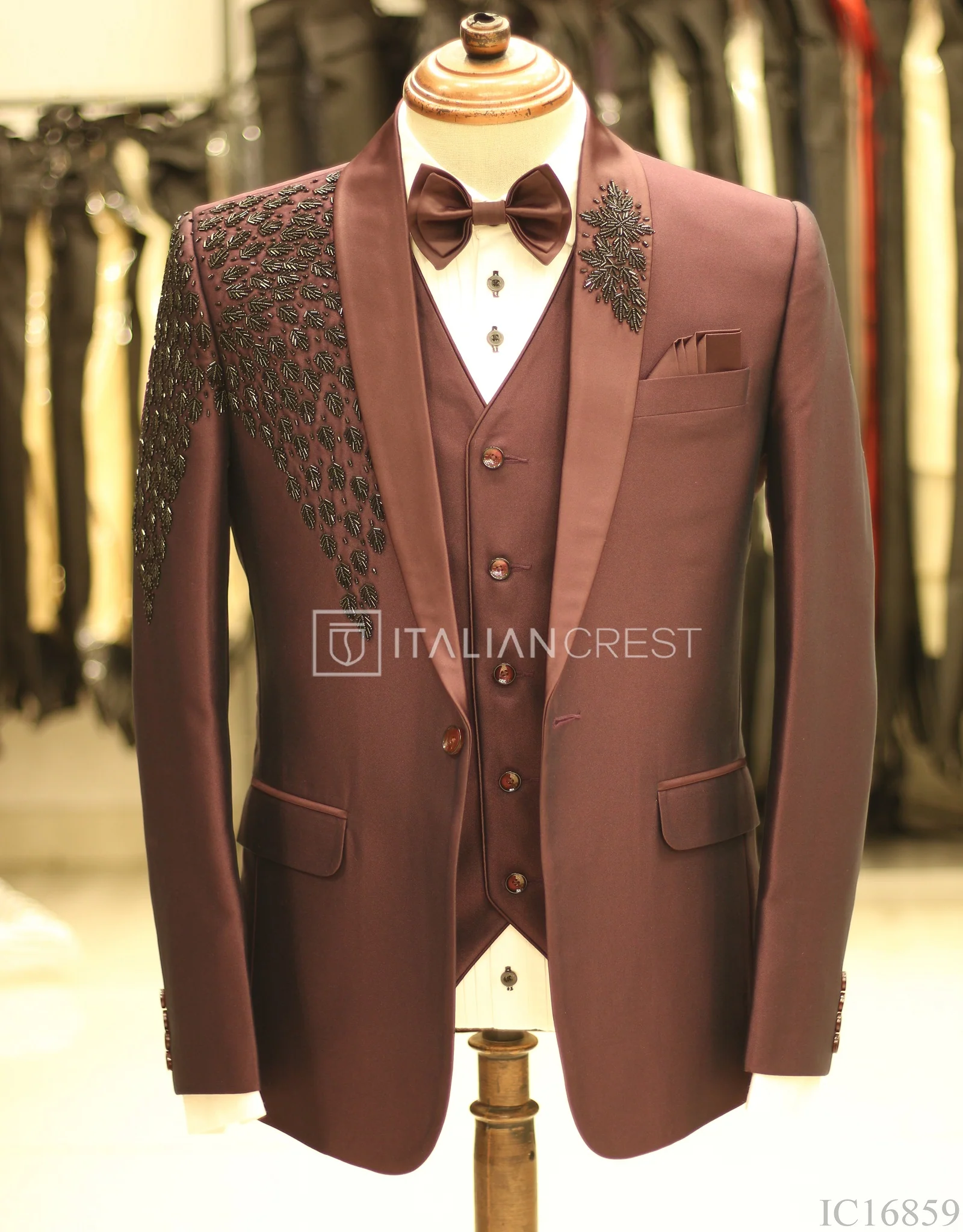 Wine Embroidery Work 3pc Designer Suit - Image 3