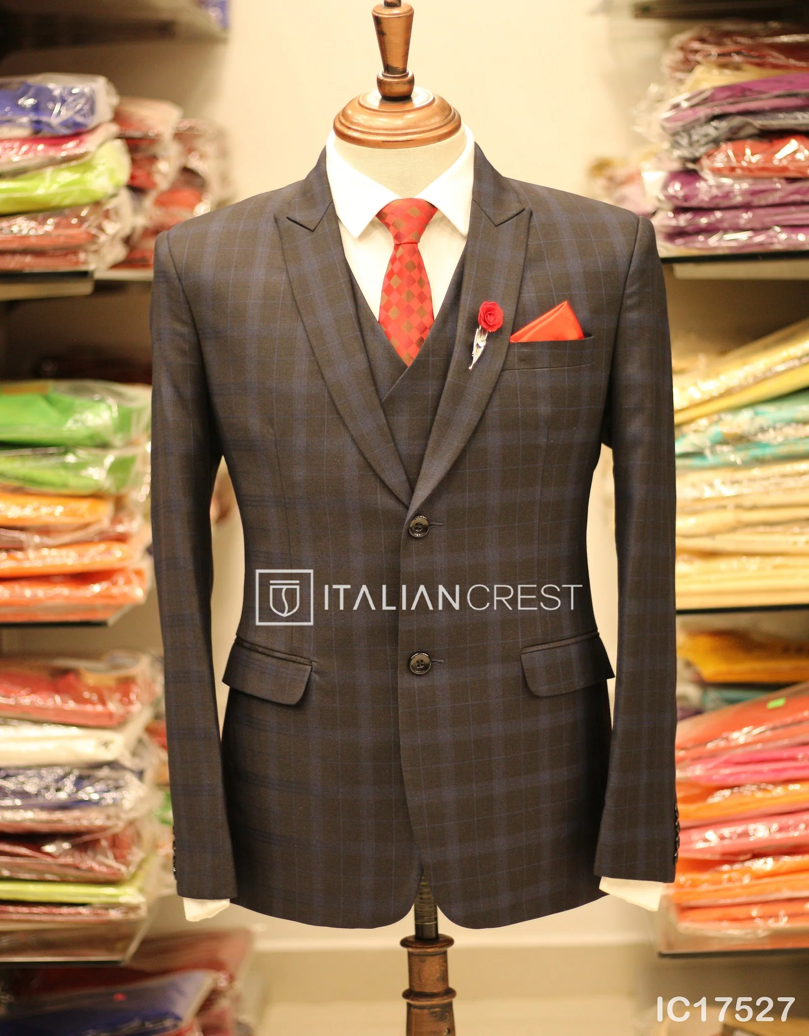 Dark Grey Checks 3-Piece Peak Lapel Suit - Image 3