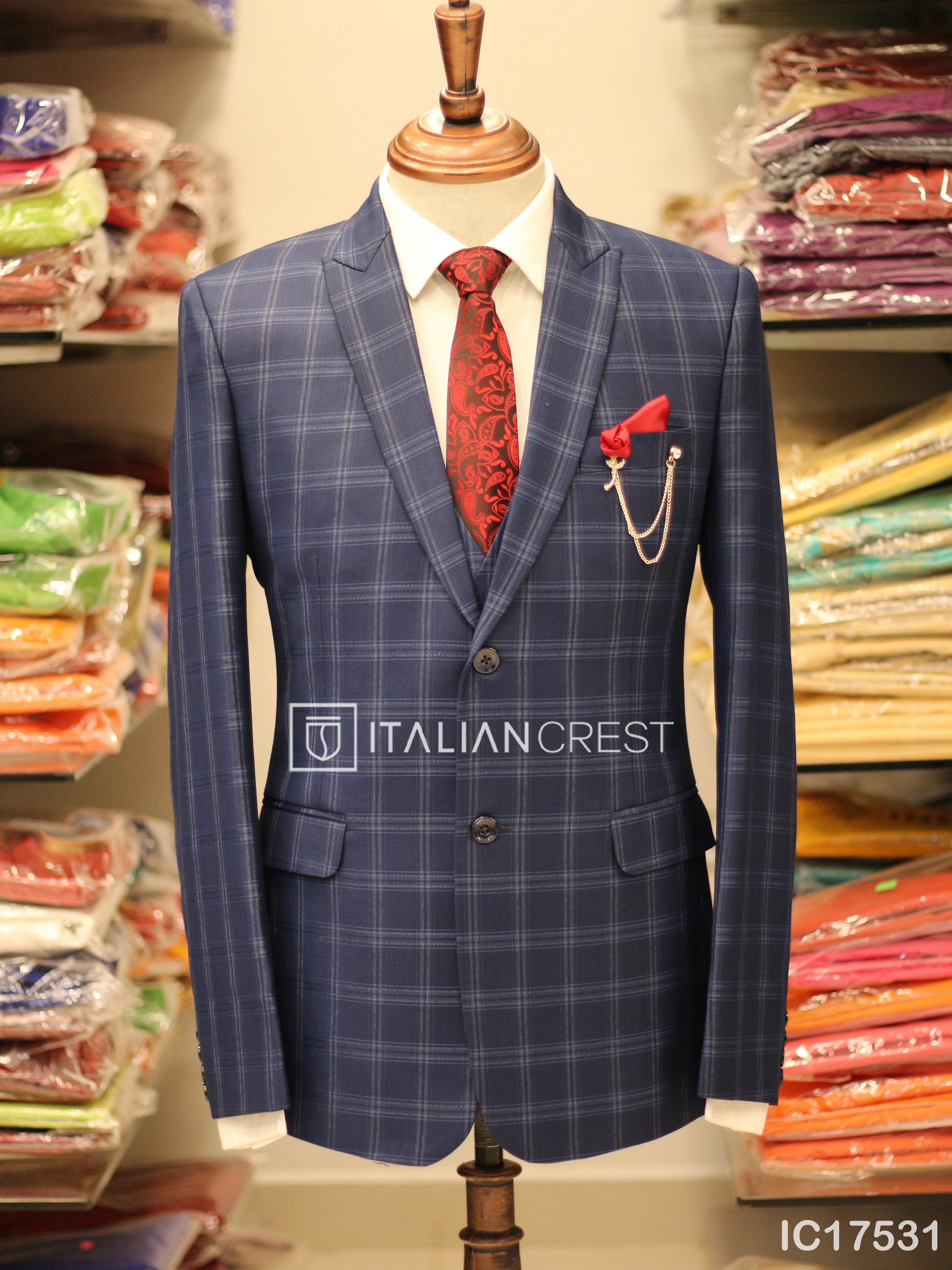 Blue Checks 3-Piece Peak Lapel Suit - Image 3