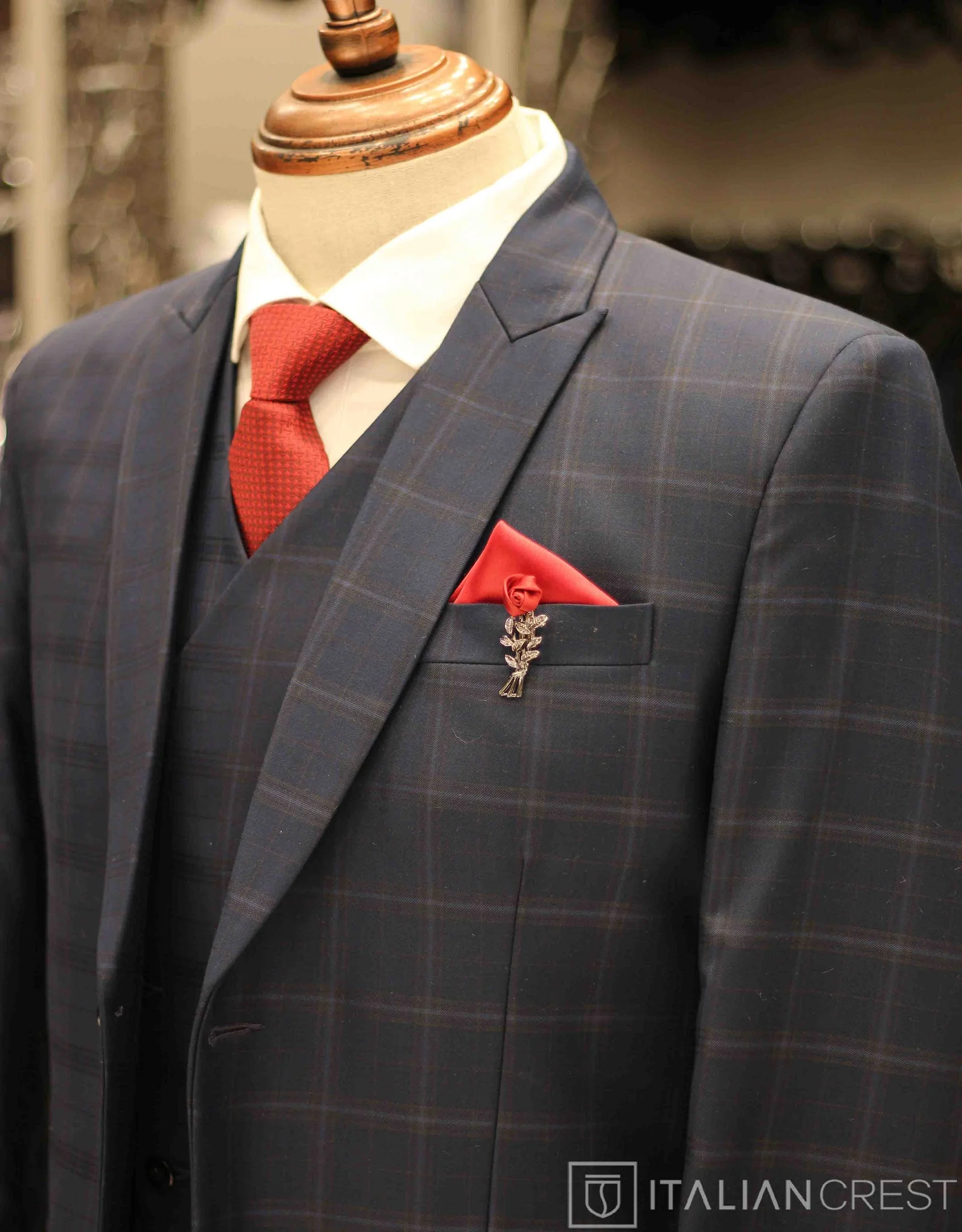 Dark Blue Checks 3-Piece Peak Lapel Suit - Image 2