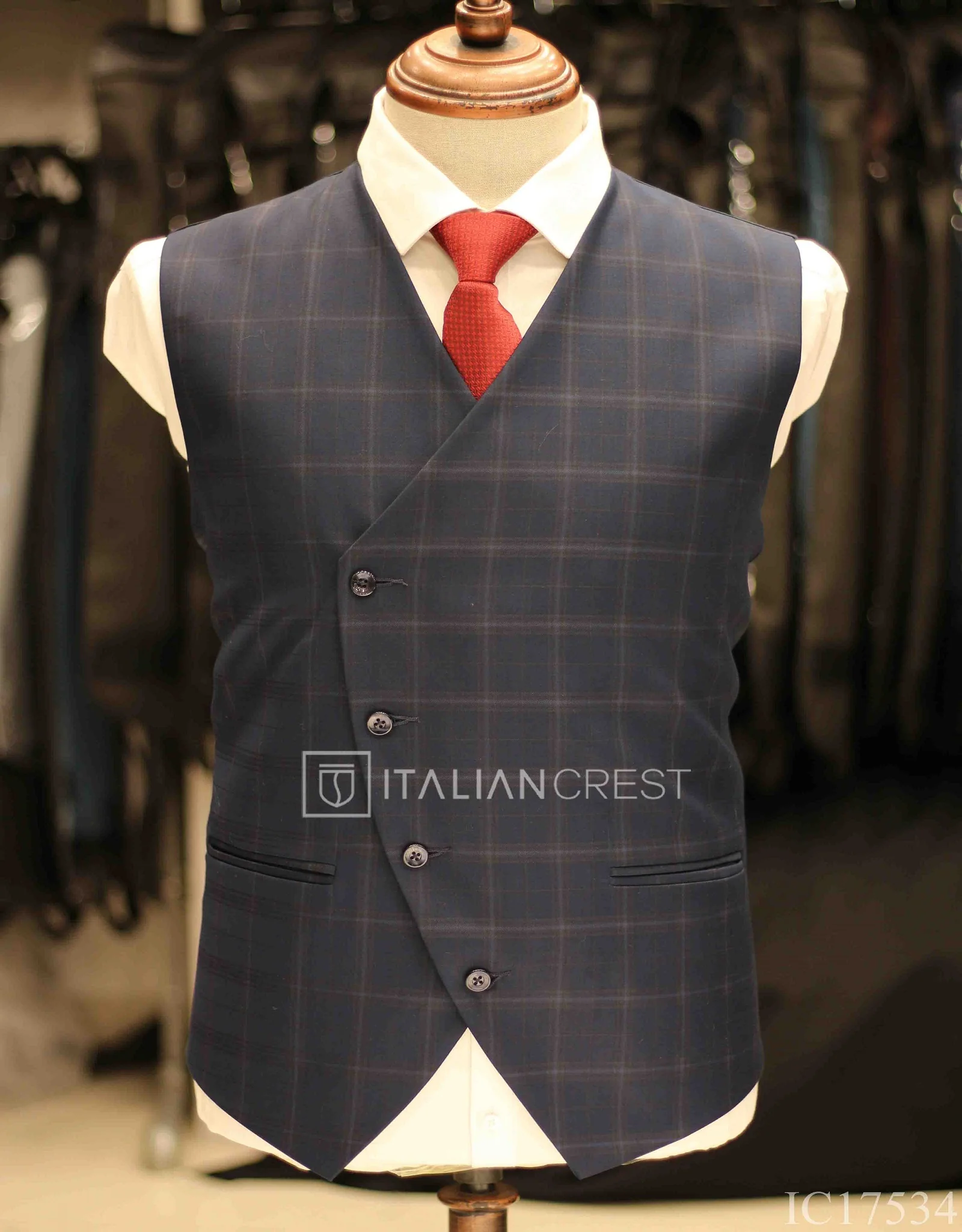 Dark Blue Checks 3-Piece Peak Lapel Suit - Image 3