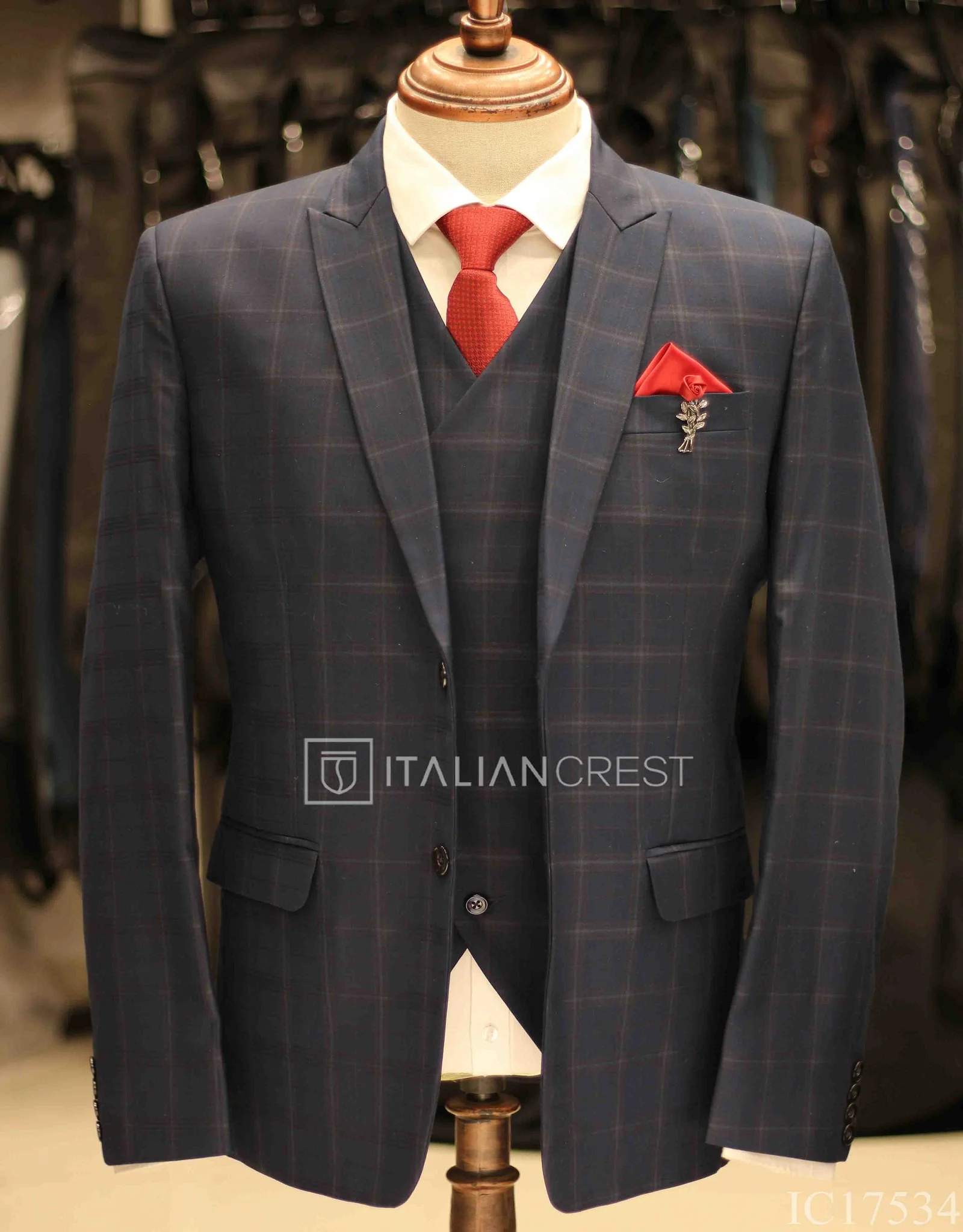 Dark Blue Checks 3-Piece Peak Lapel Suit - Image 5