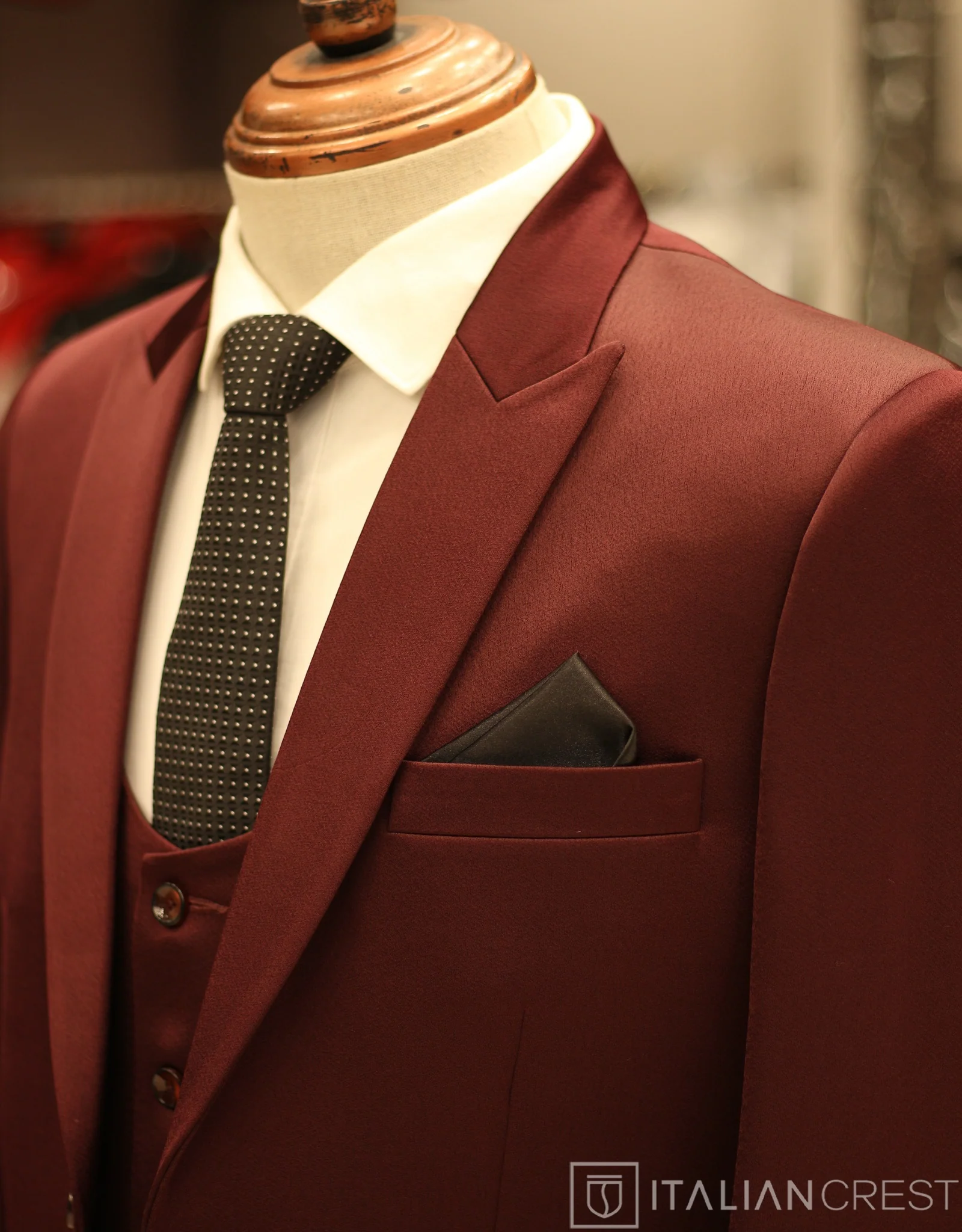 Maroon 3-Piece Peak Lapel Suit
