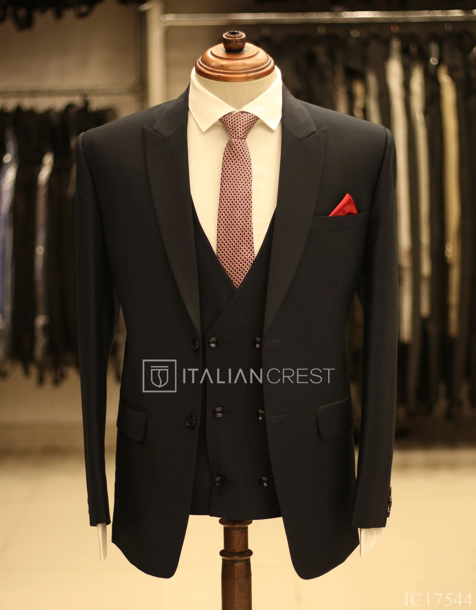 Navy Blue 3-Piece Peak Lapel Suit - Image 3