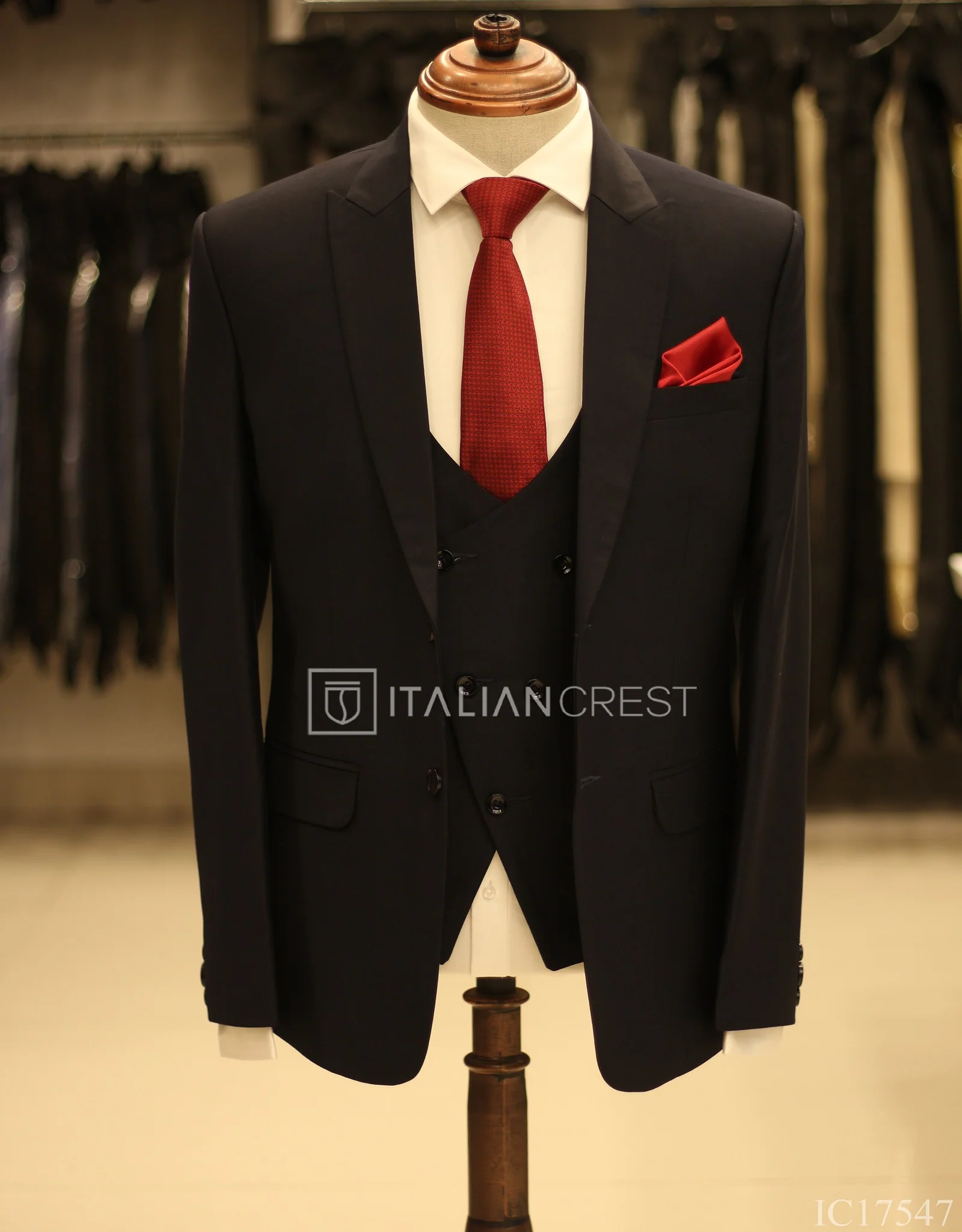 Navy Blue 3-Piece Peak Lapel Suit - Image 3