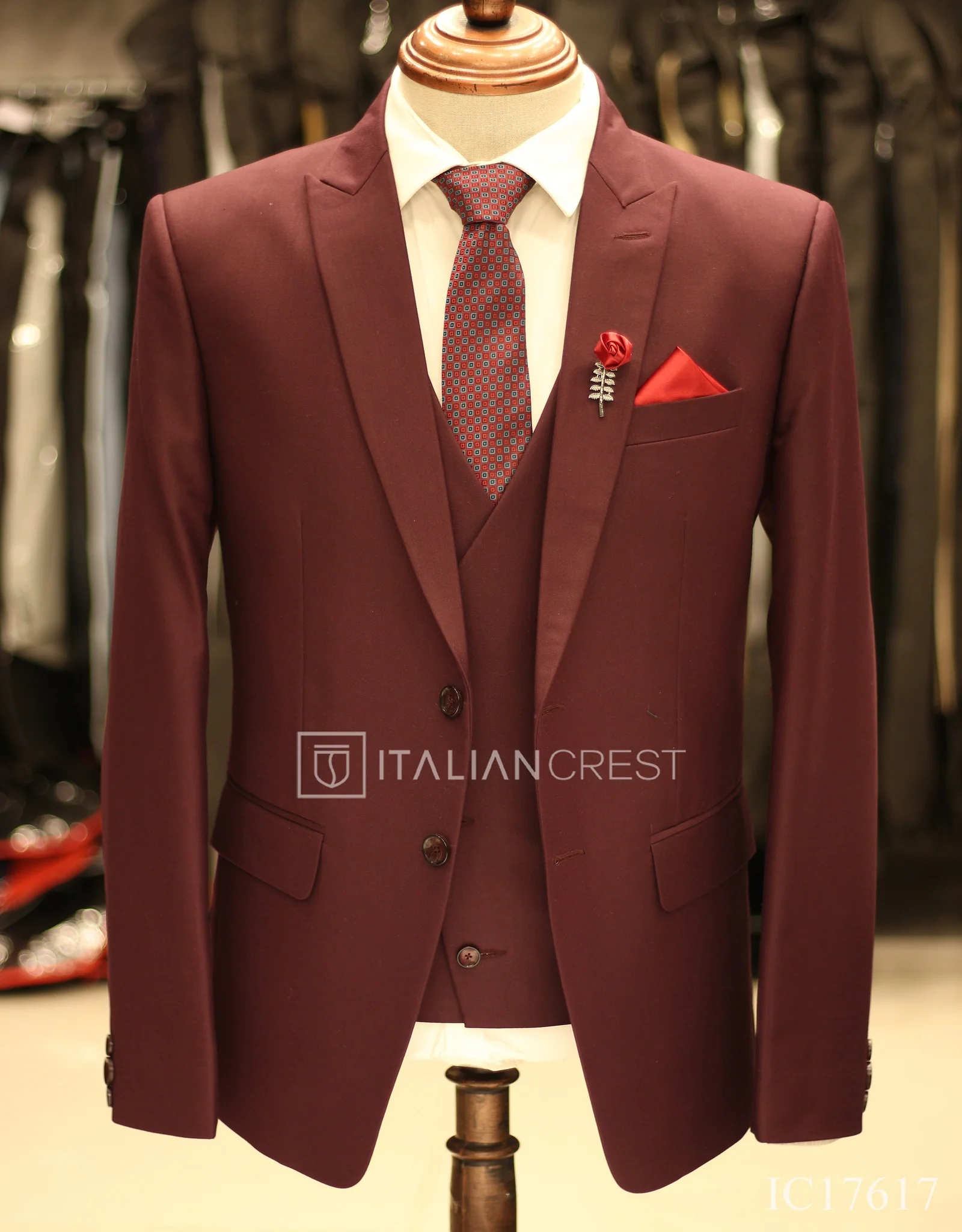Wine 3-Piece Peak Lapel Suit - Image 3