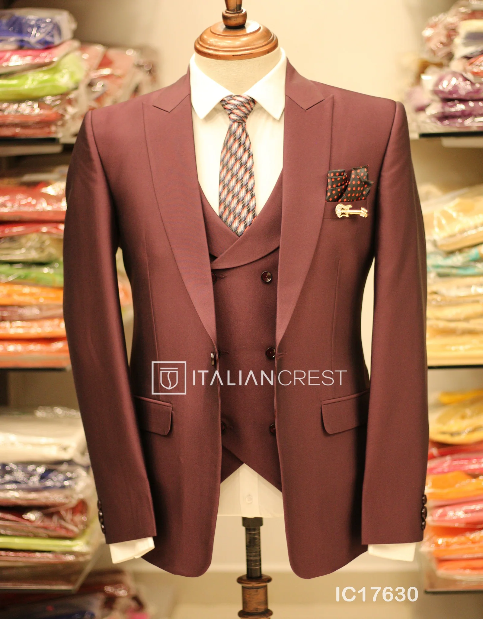 Wine 3-Piece Peak Lapel Suit - Image 3