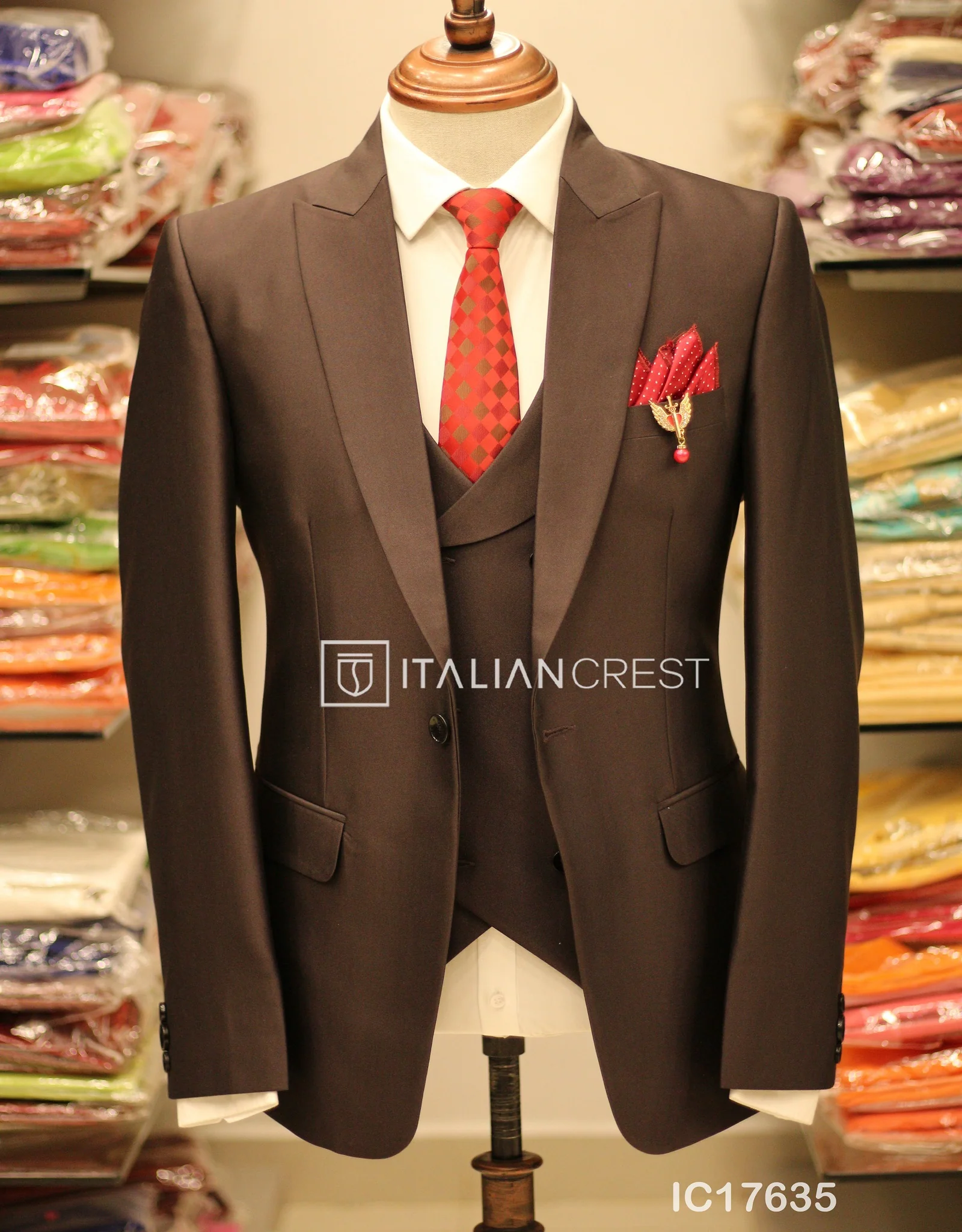 Dark Brown 3-Piece Peak Lapel Suit - Image 3
