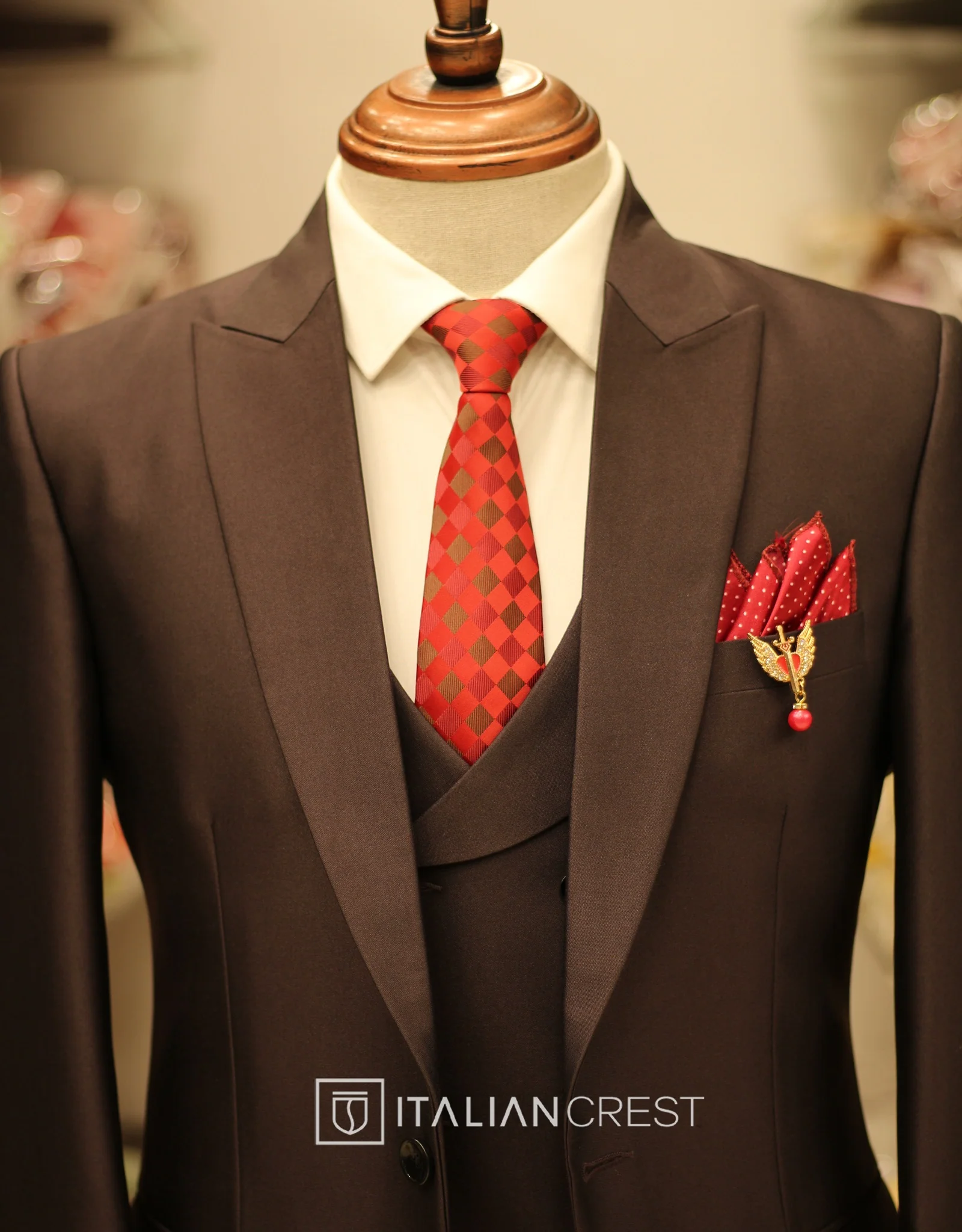 Dark Brown 3-Piece Peak Lapel Suit - Image 4