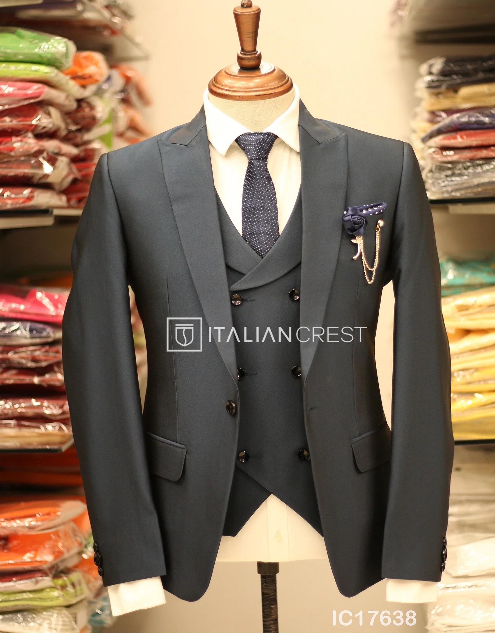 Blue 3-Piece Peak Lapel Suit - Image 3