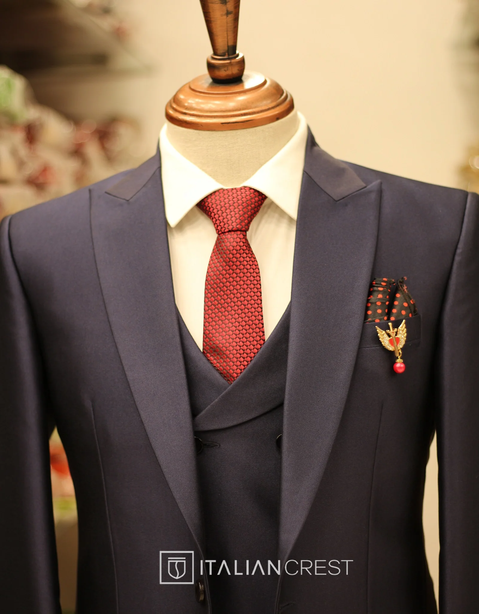 Navy Blue 3-Piece Peak Lapel Suit - Image 4