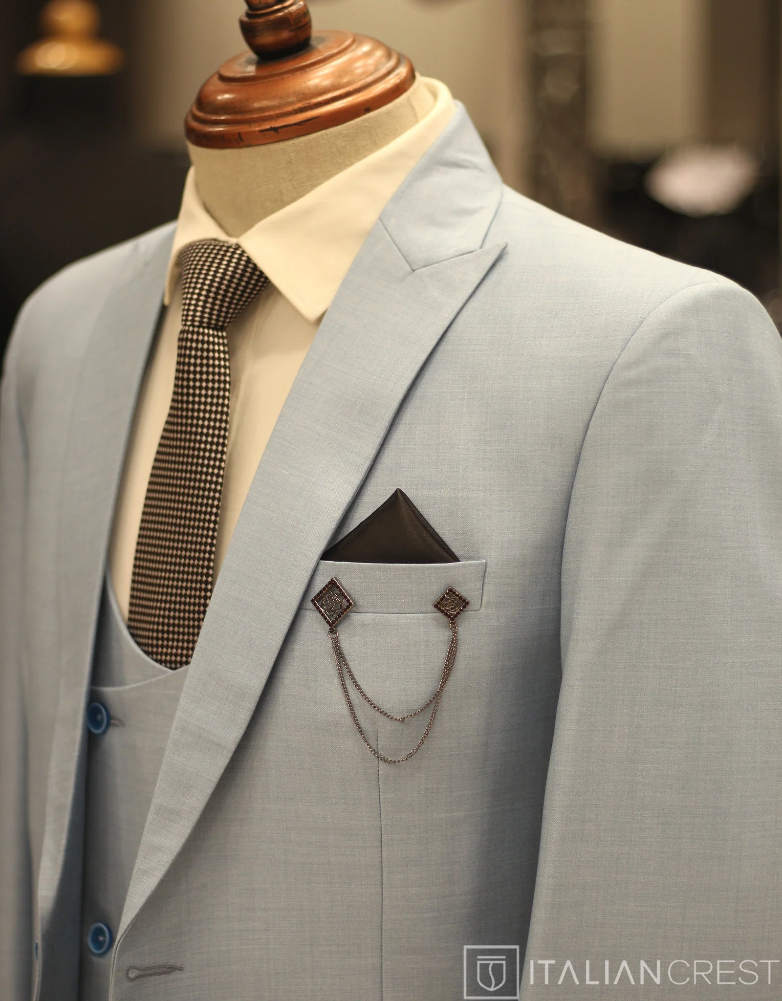 Light Blue 3-Piece Peak Lapel Suit