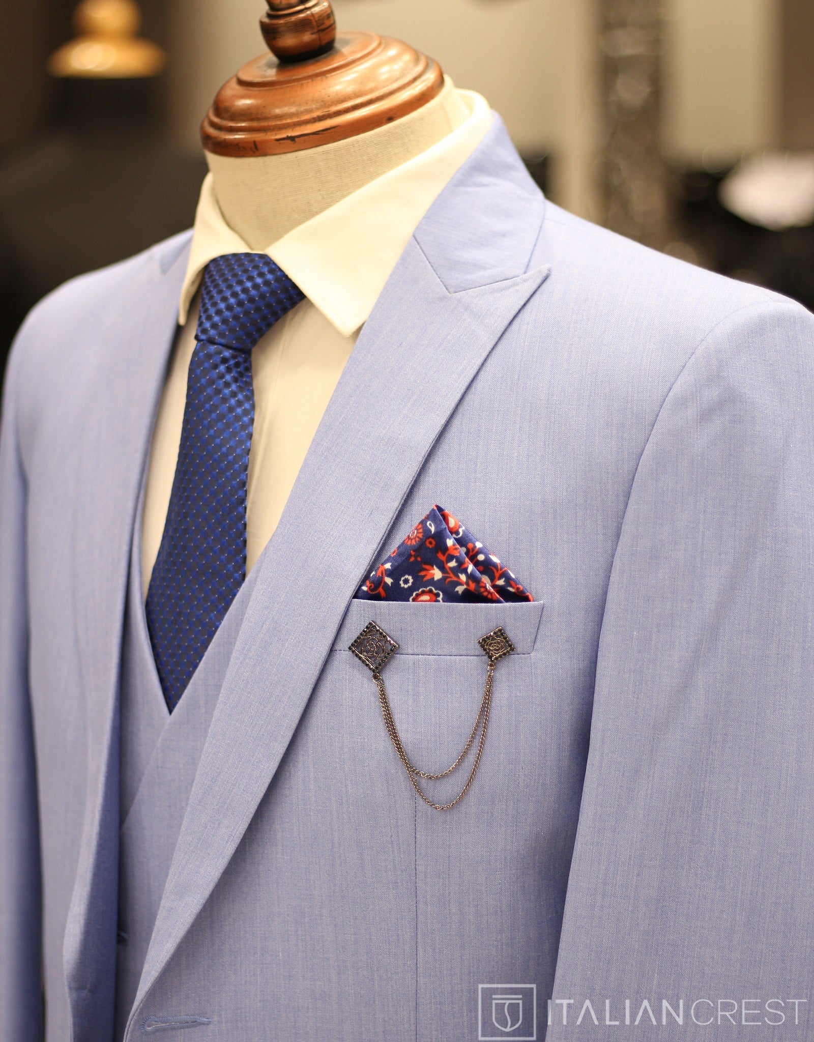 Light Blue 3-Piece Peak Lapel Suit