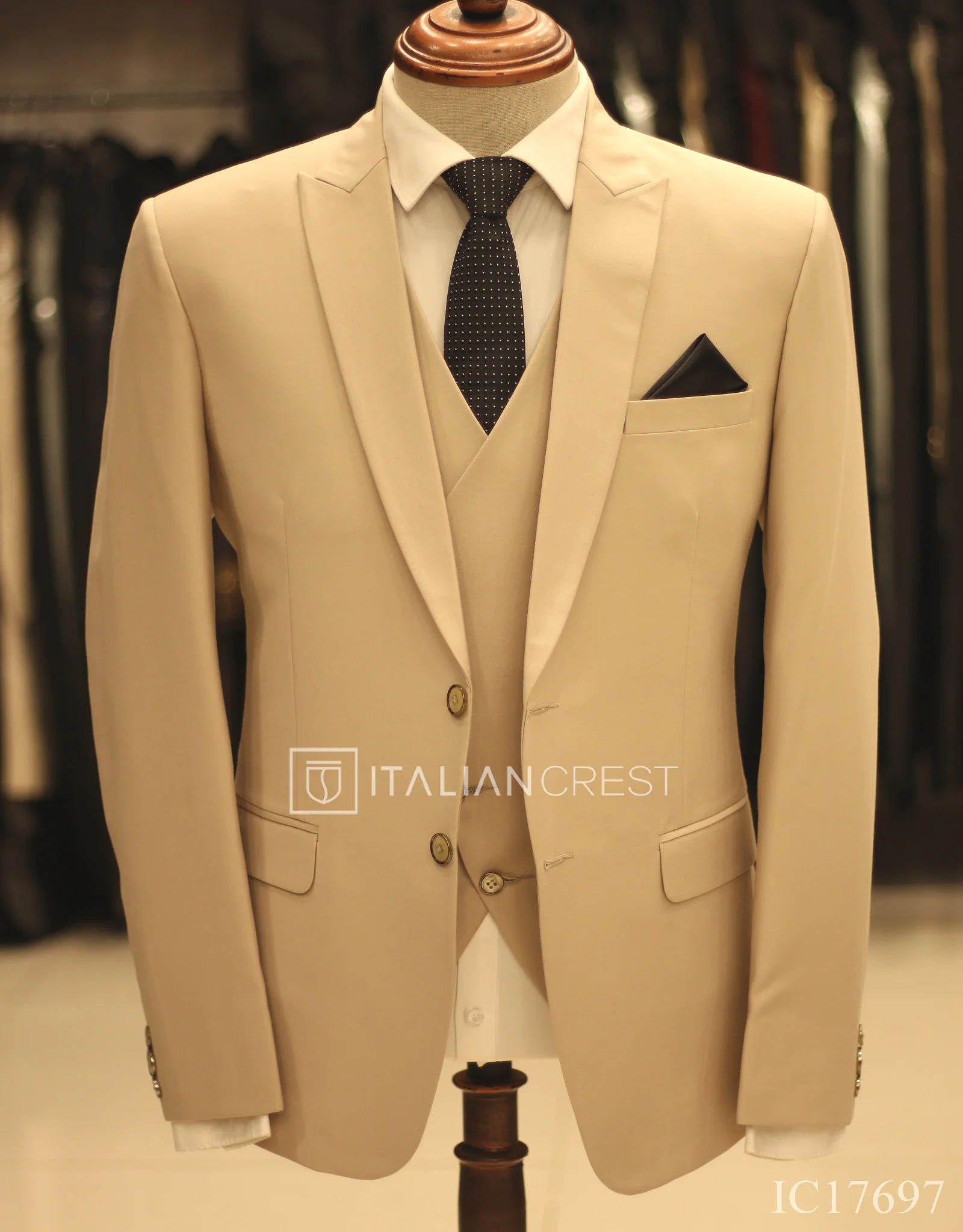 Beige 3-Piece Peak Lapel Suit - Image 3
