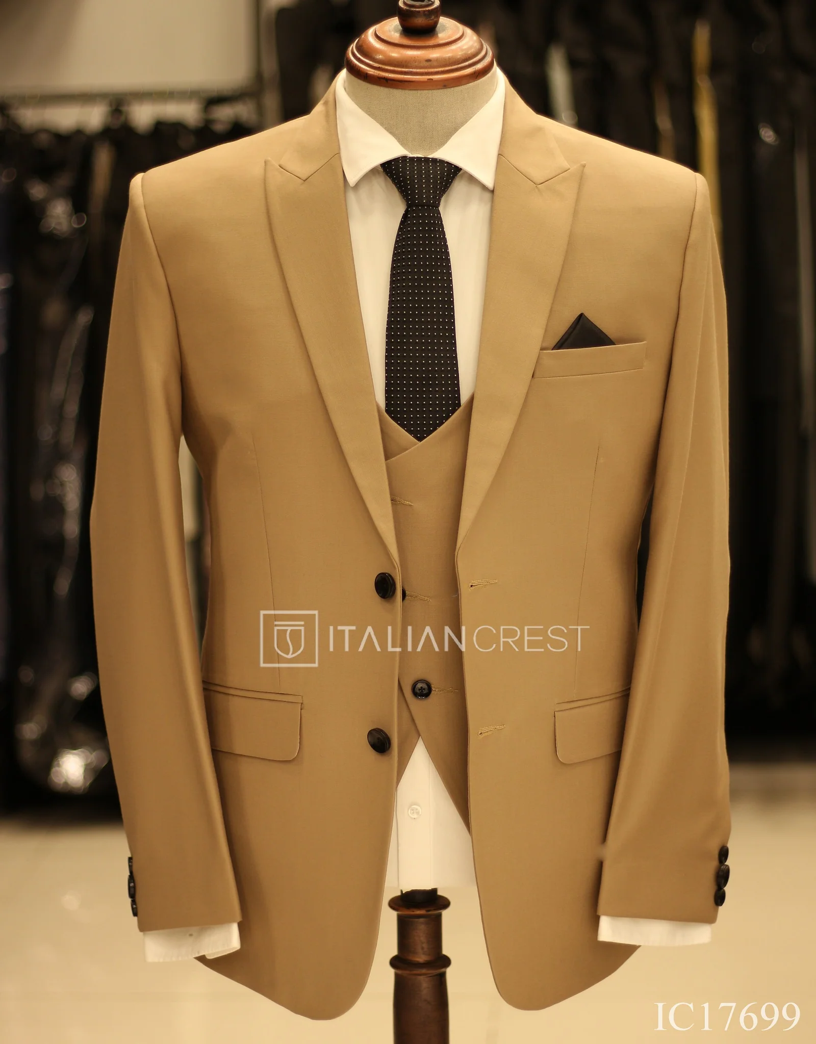 Dark Beige 3-Piece Peak Lapel Suit - Image 3