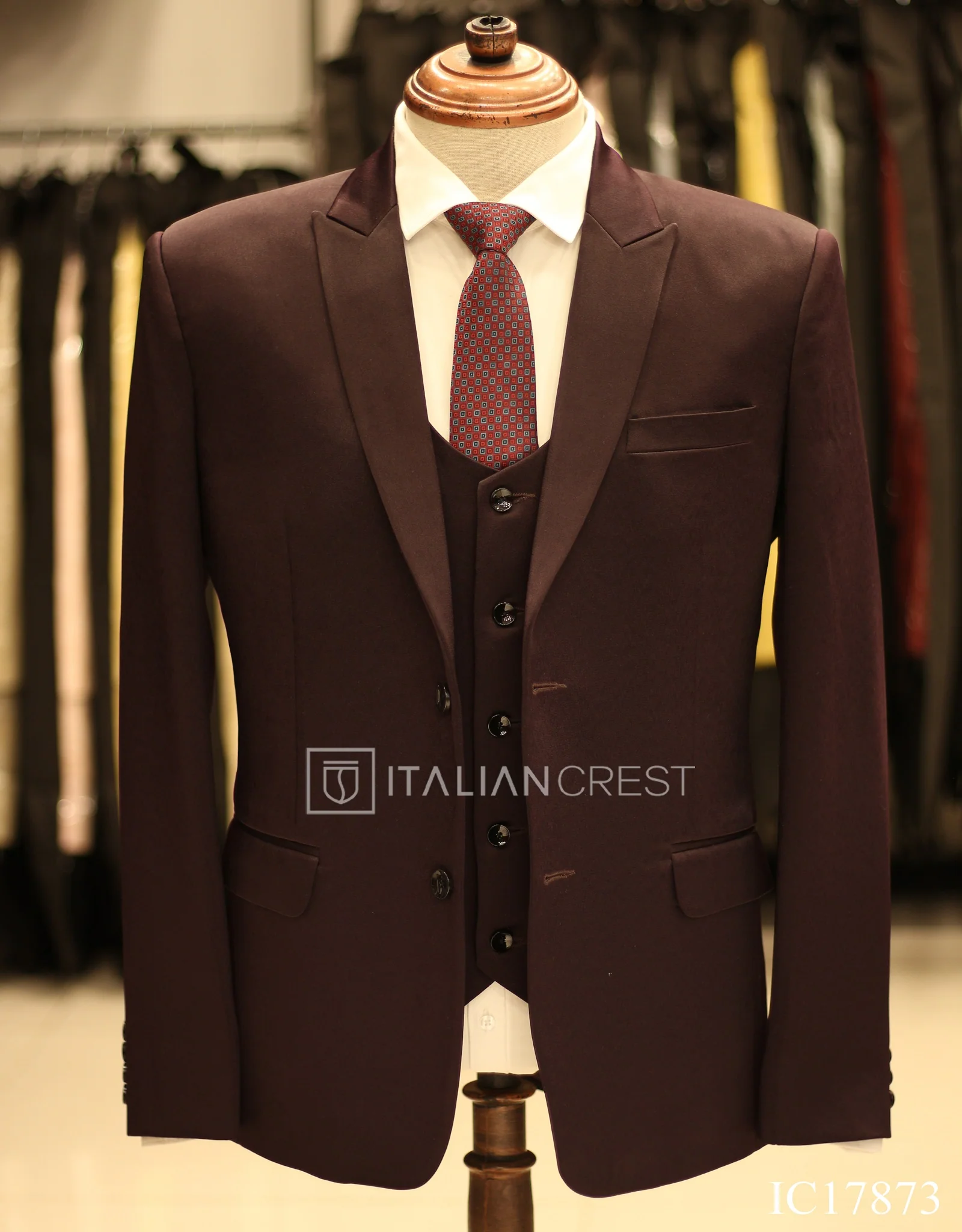 Wine 3-Piece Peak Lapel Suit - Image 3