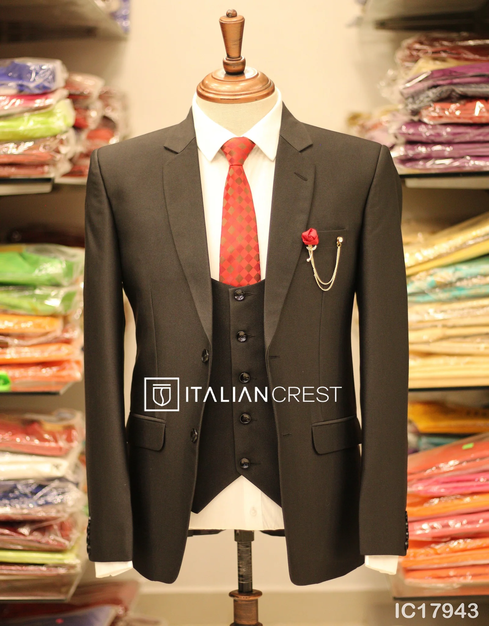 Black 3-Piece Notch Lapel Suit - Image 3