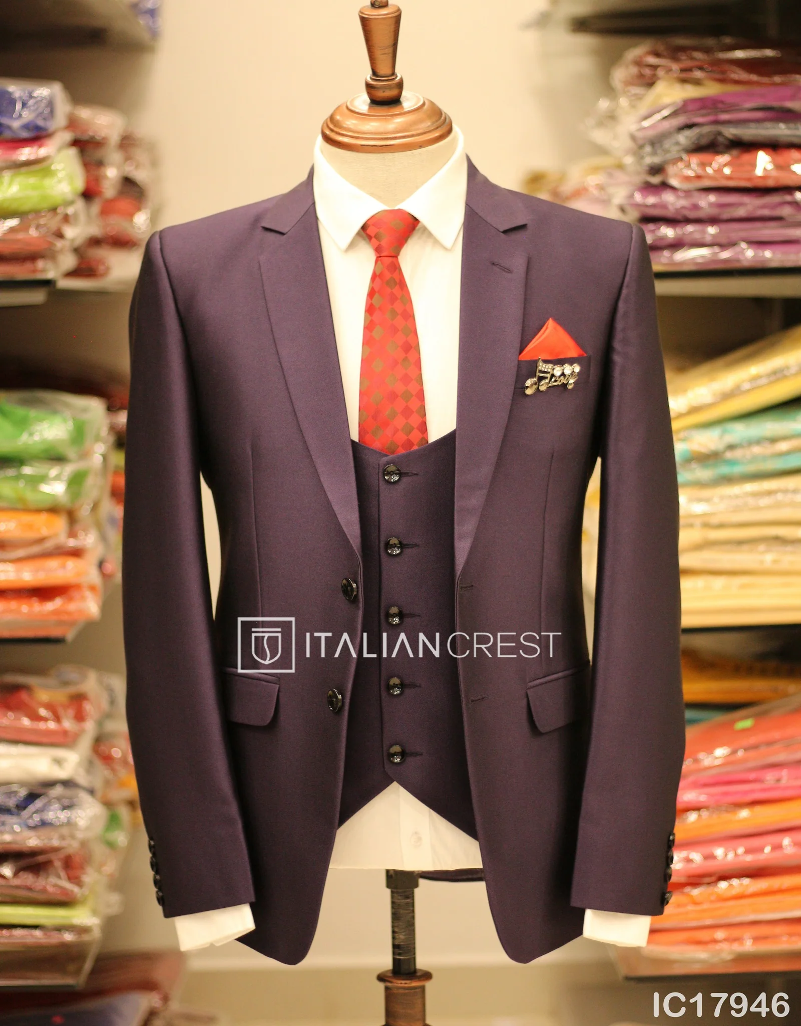 Dark Purple 3-Piece Notch Lapel Suit - Image 3